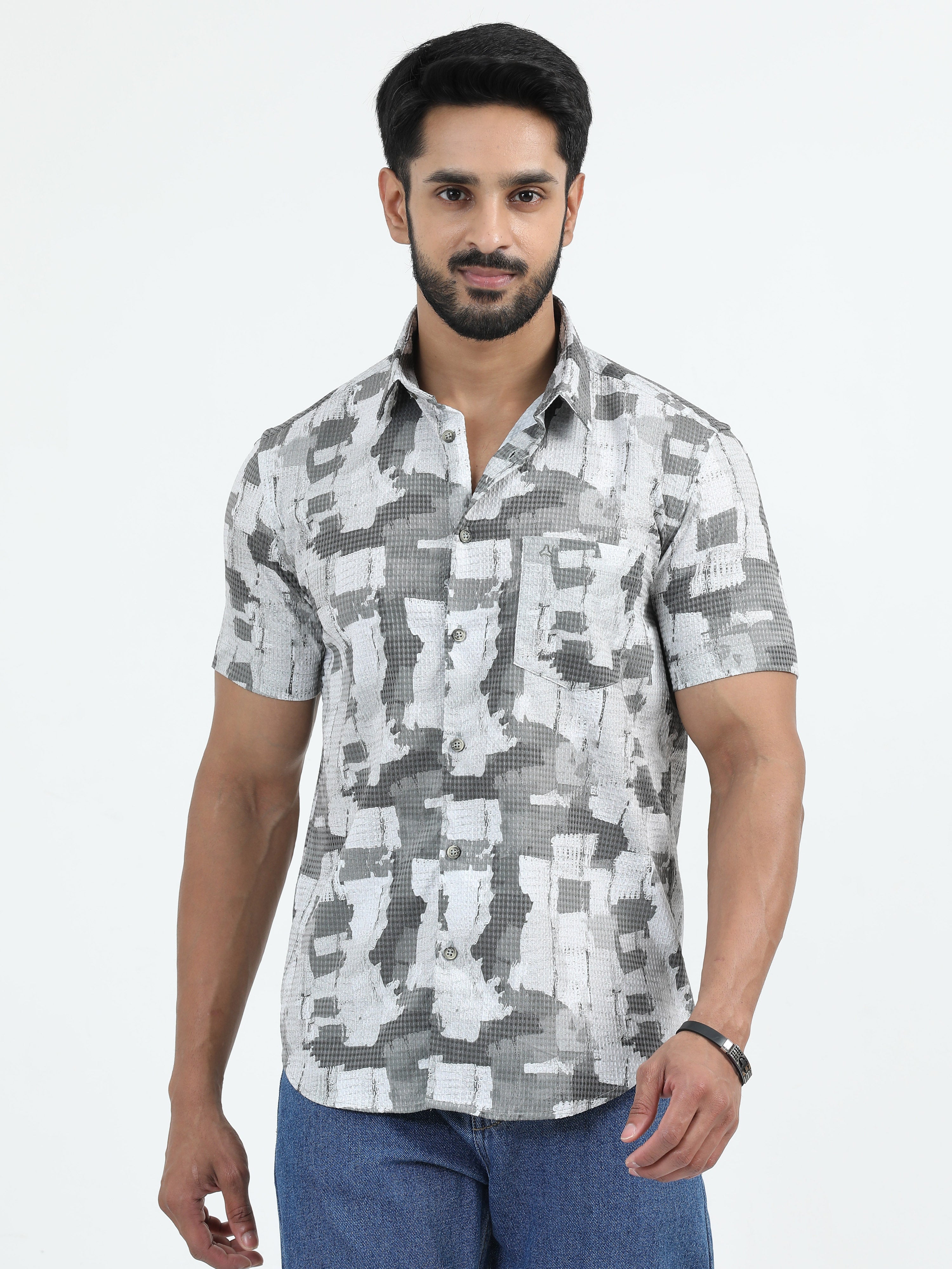 MEN'S OLIVE PRINT SLIM FIT SHIRT