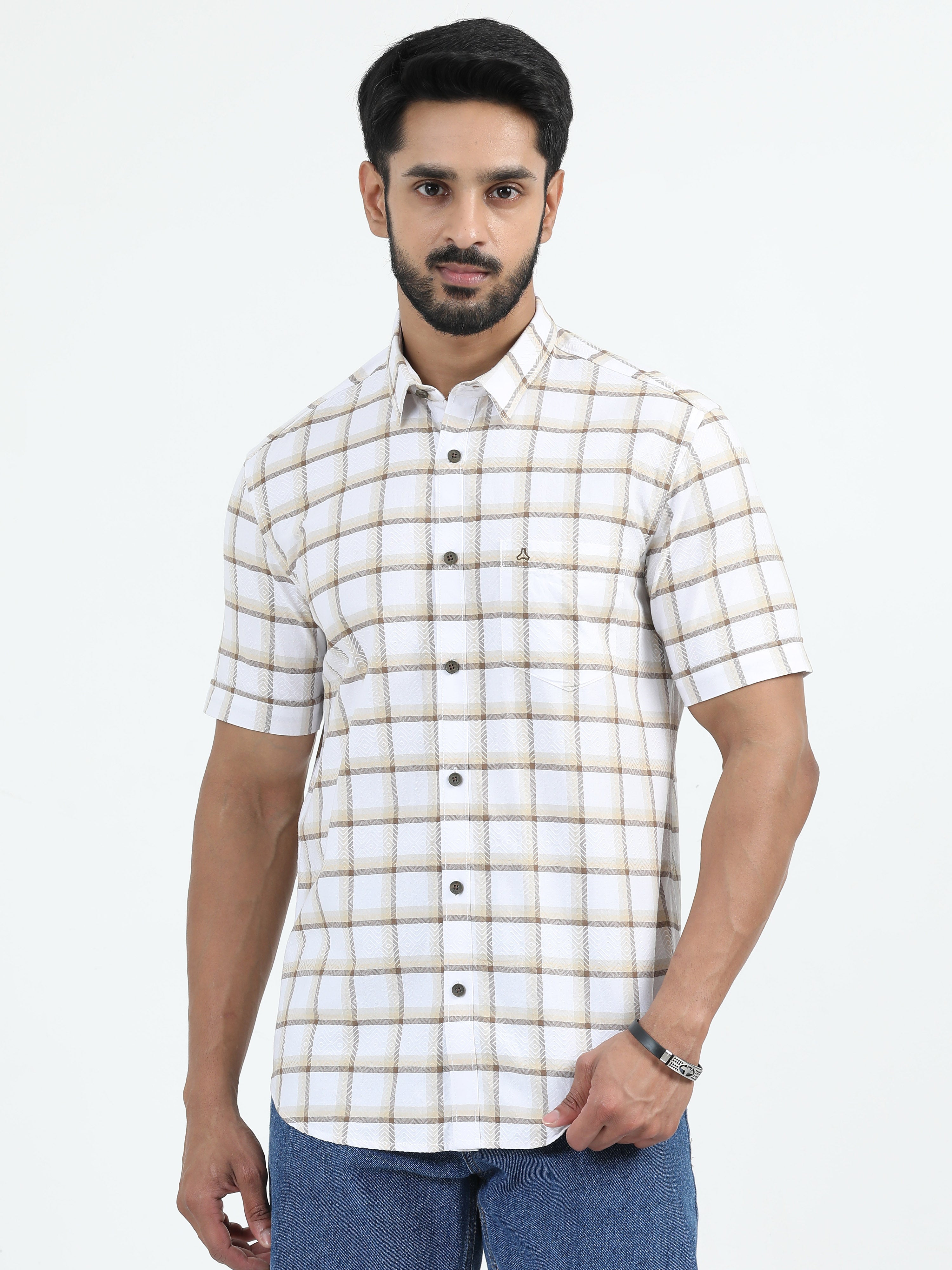 MEN'S KHAKI CHECKED SLIM FIT SHIRT