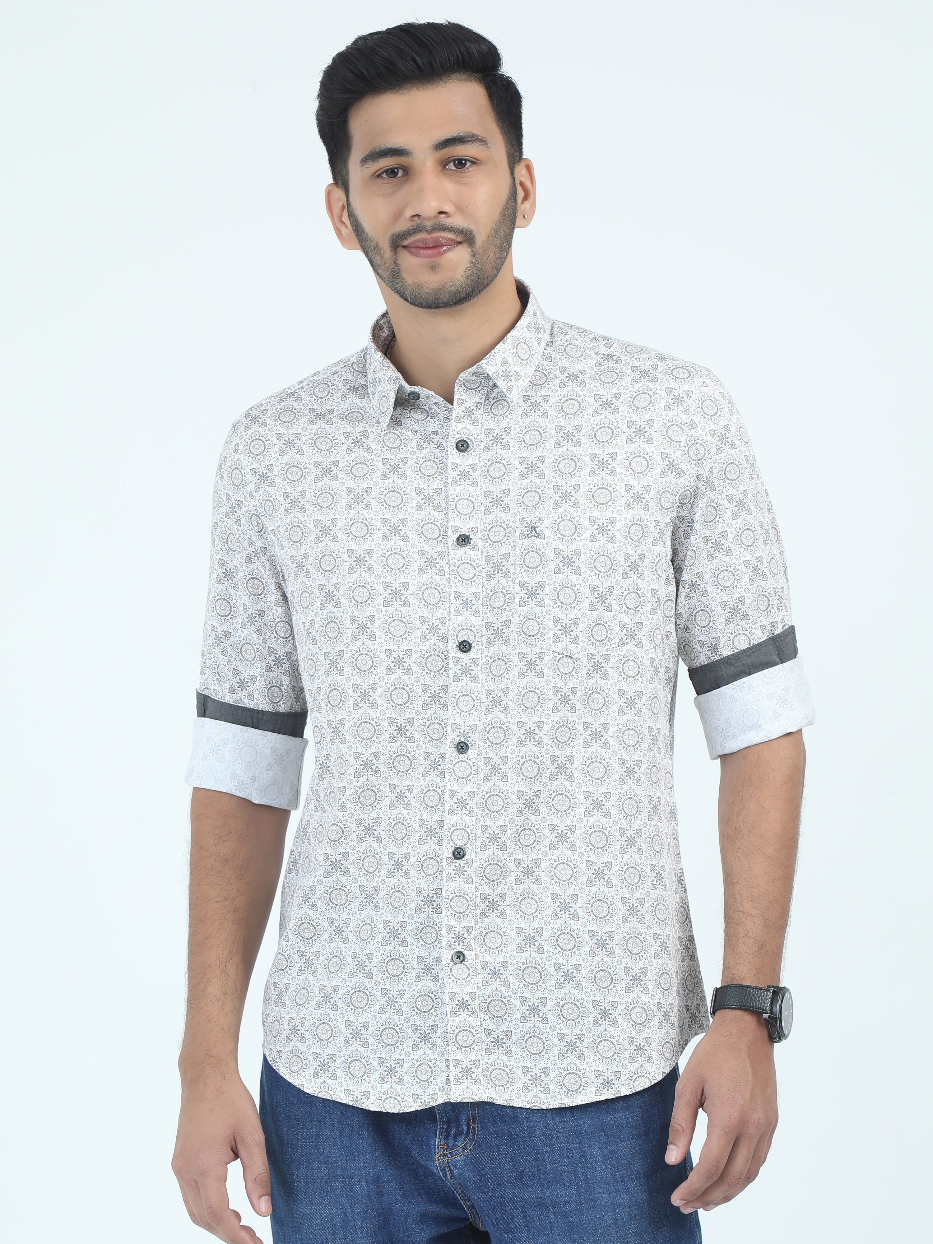 MEN'S WHITE PRINTED SLIM FIT SHIRT