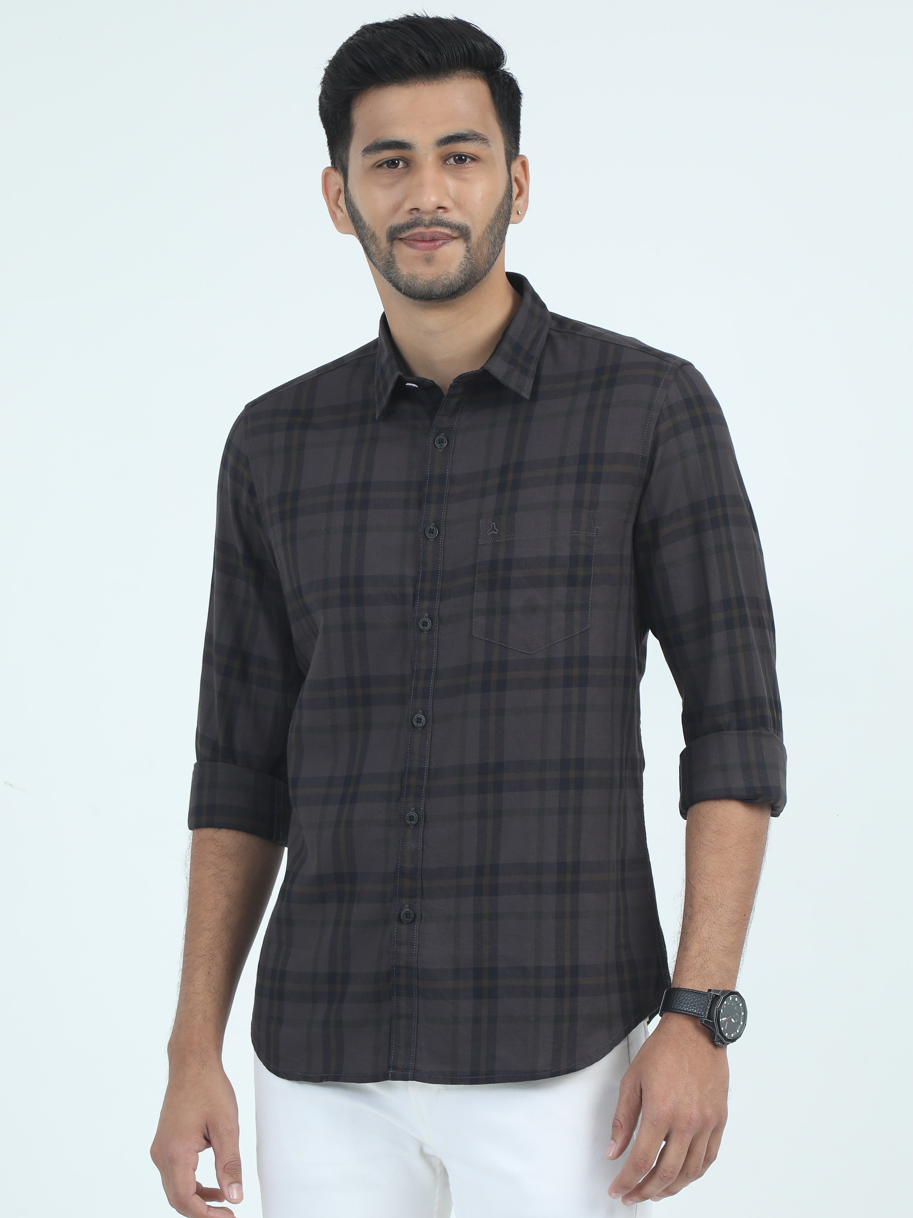 MEN'S DK.GREY CHECKED SLIM FIT SHIRT