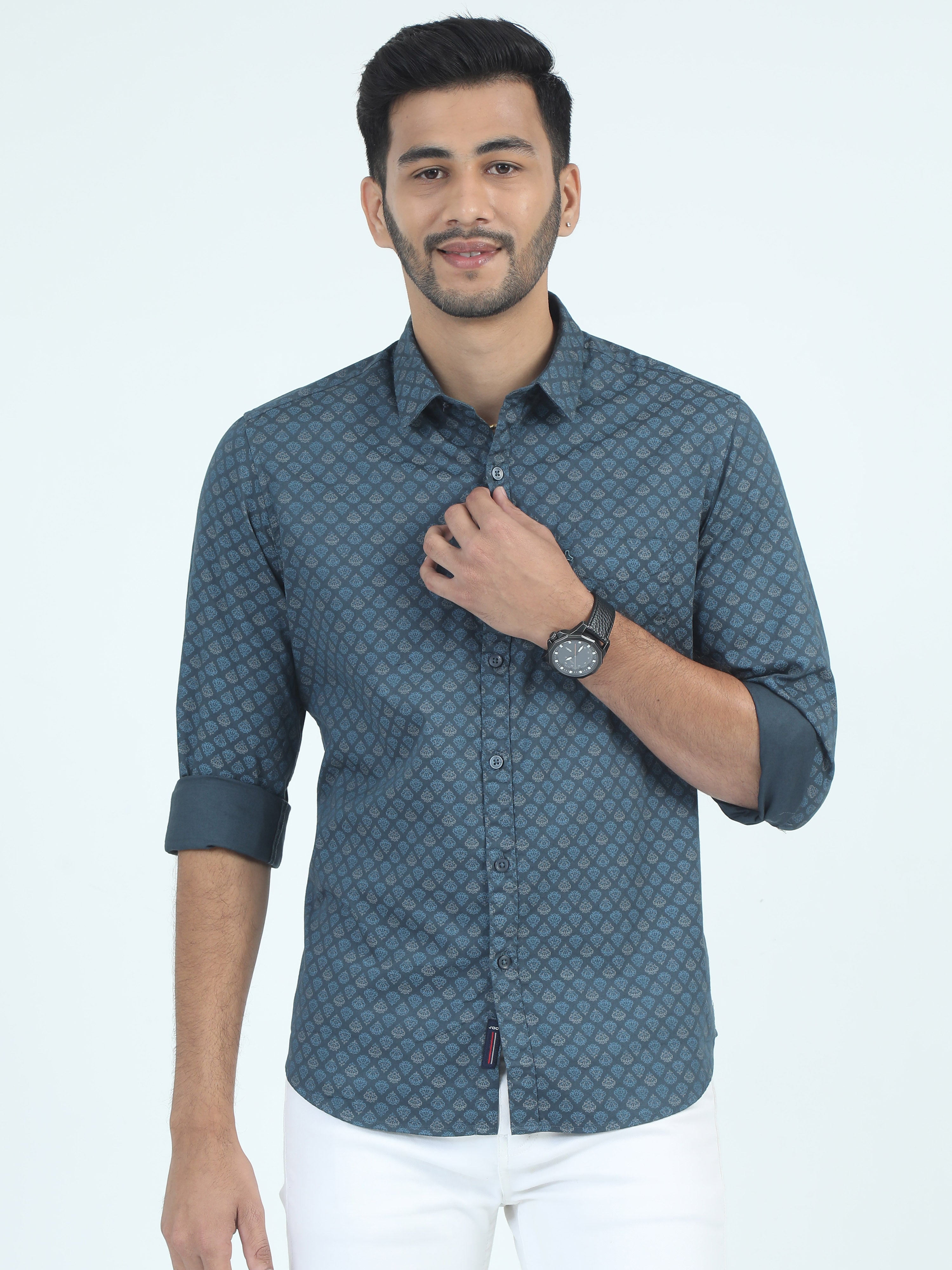 MEN'S P.GREEN PRINT SLIM FIT SHIRT