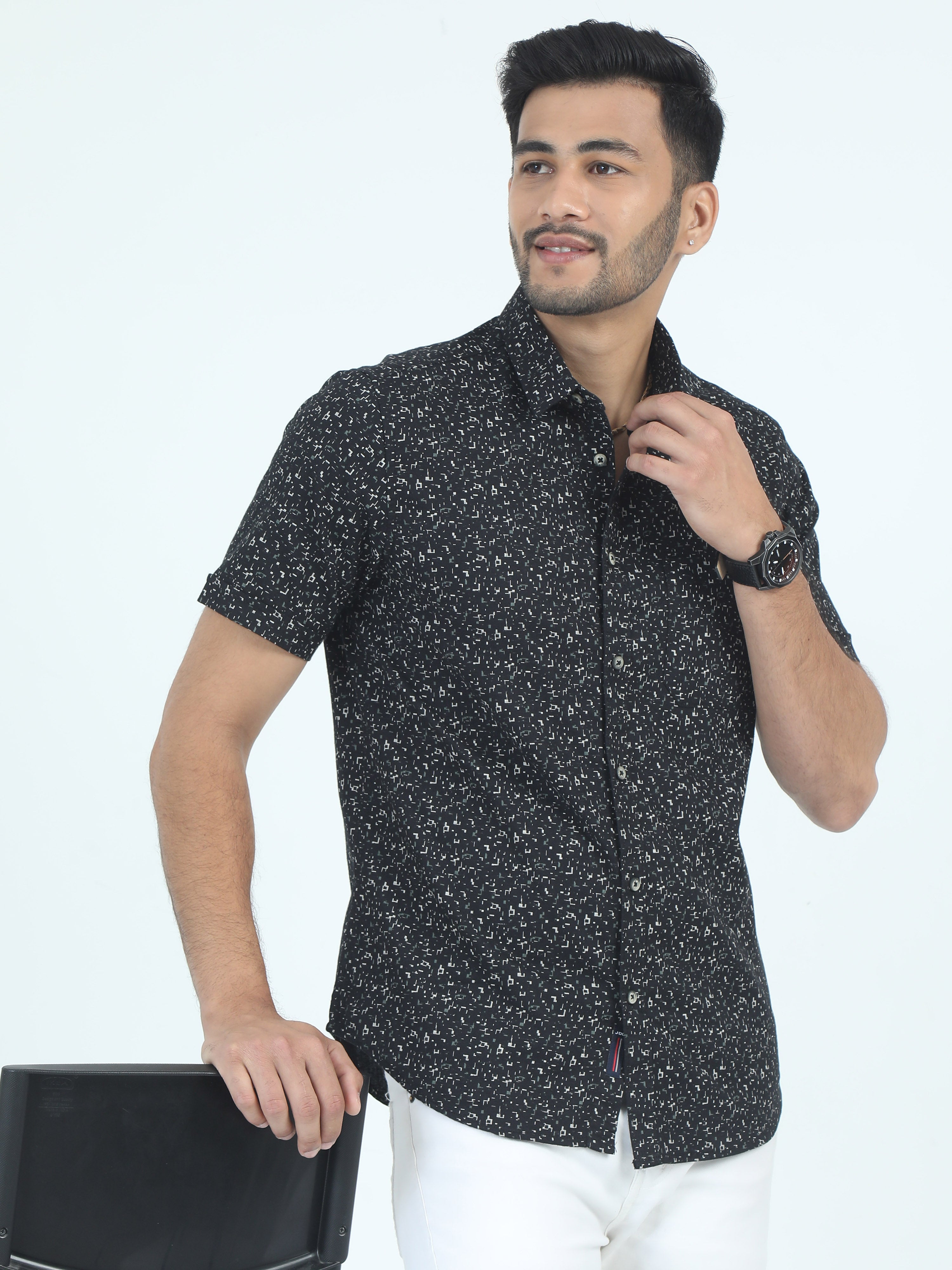 MEN'S BLACK PRINT SLIM FIT SHIRT