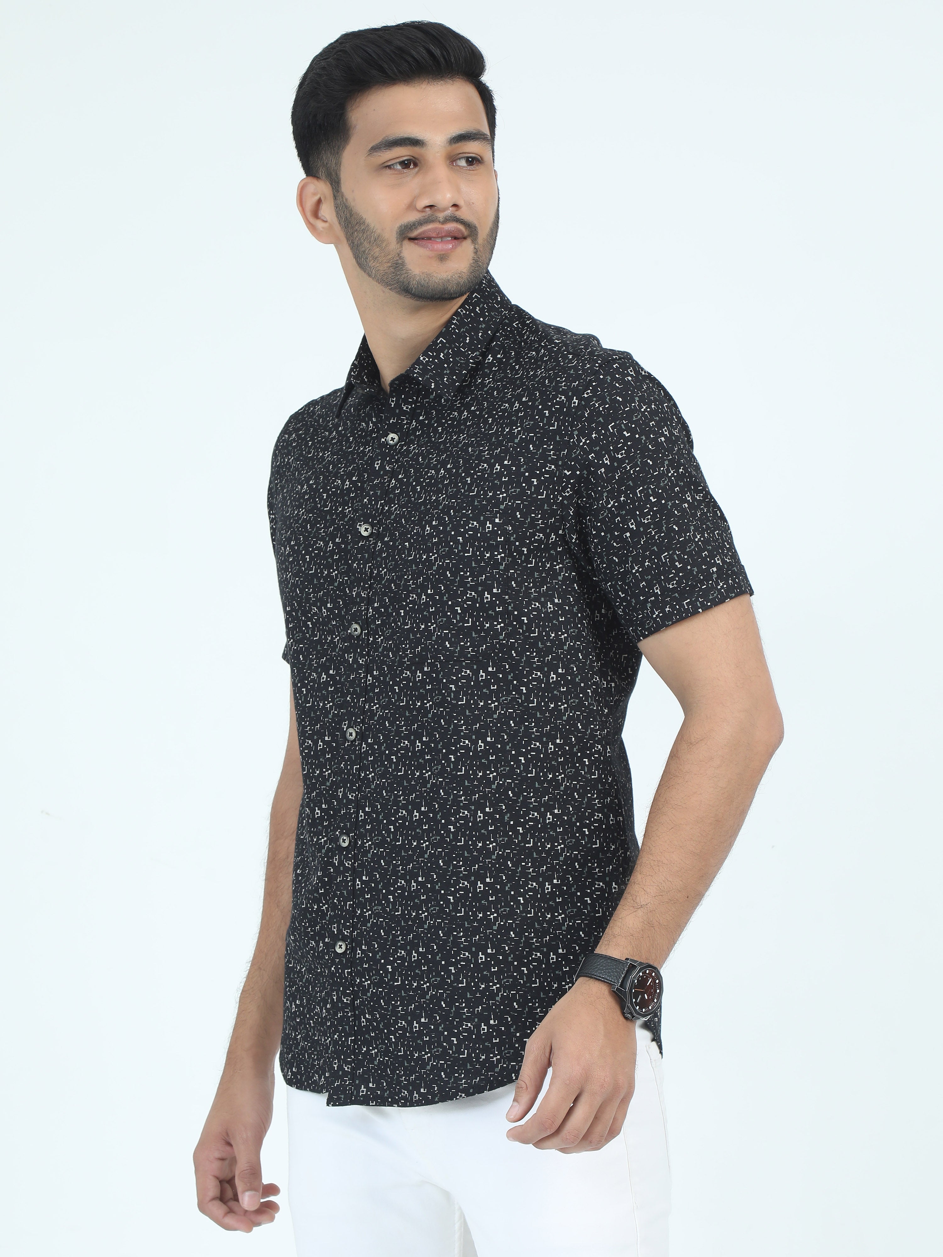 MEN'S BLACK PRINT SLIM FIT SHIRT