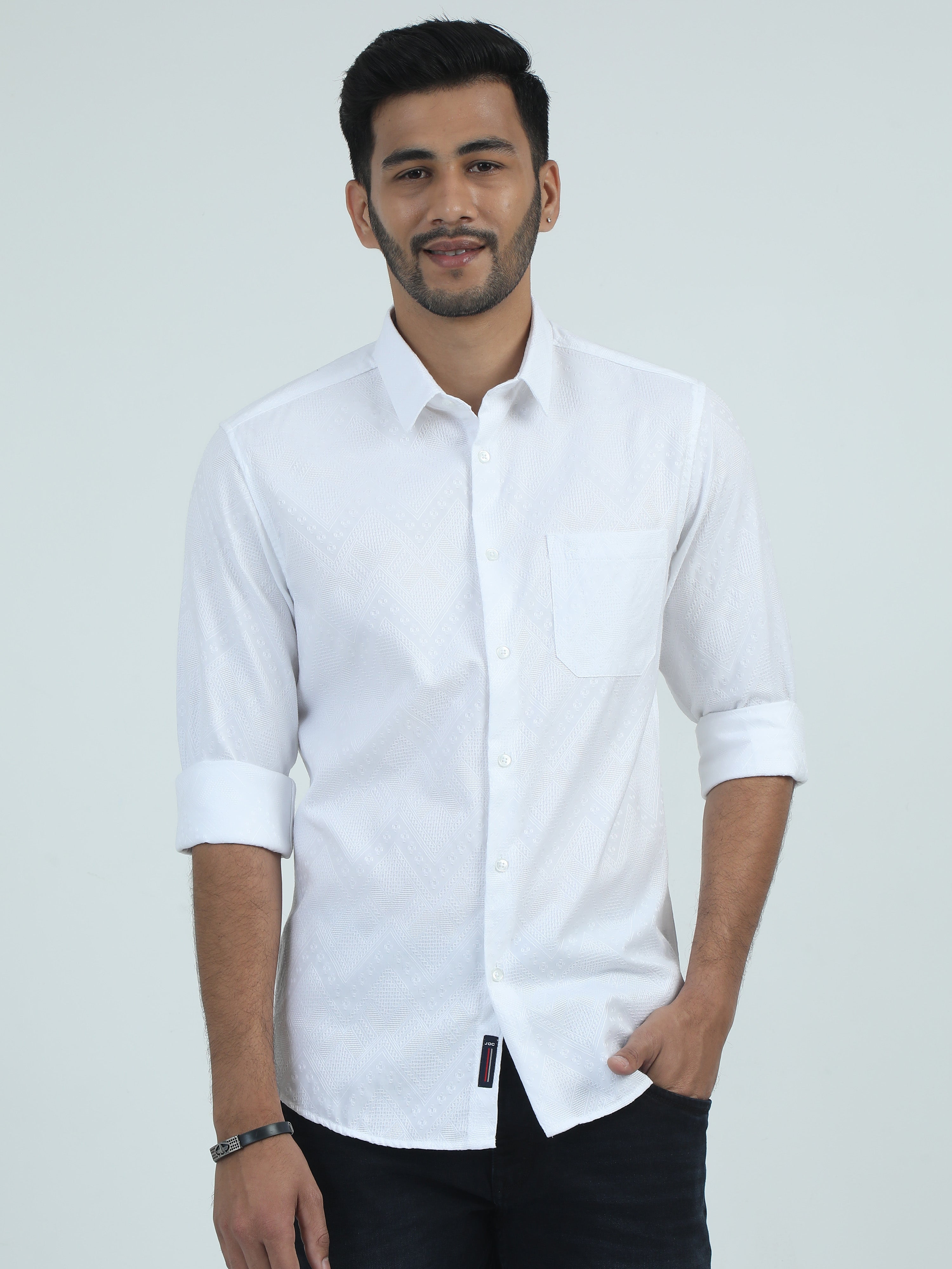 MEN'S WHITE PRINT SLIM FIT SHIRT