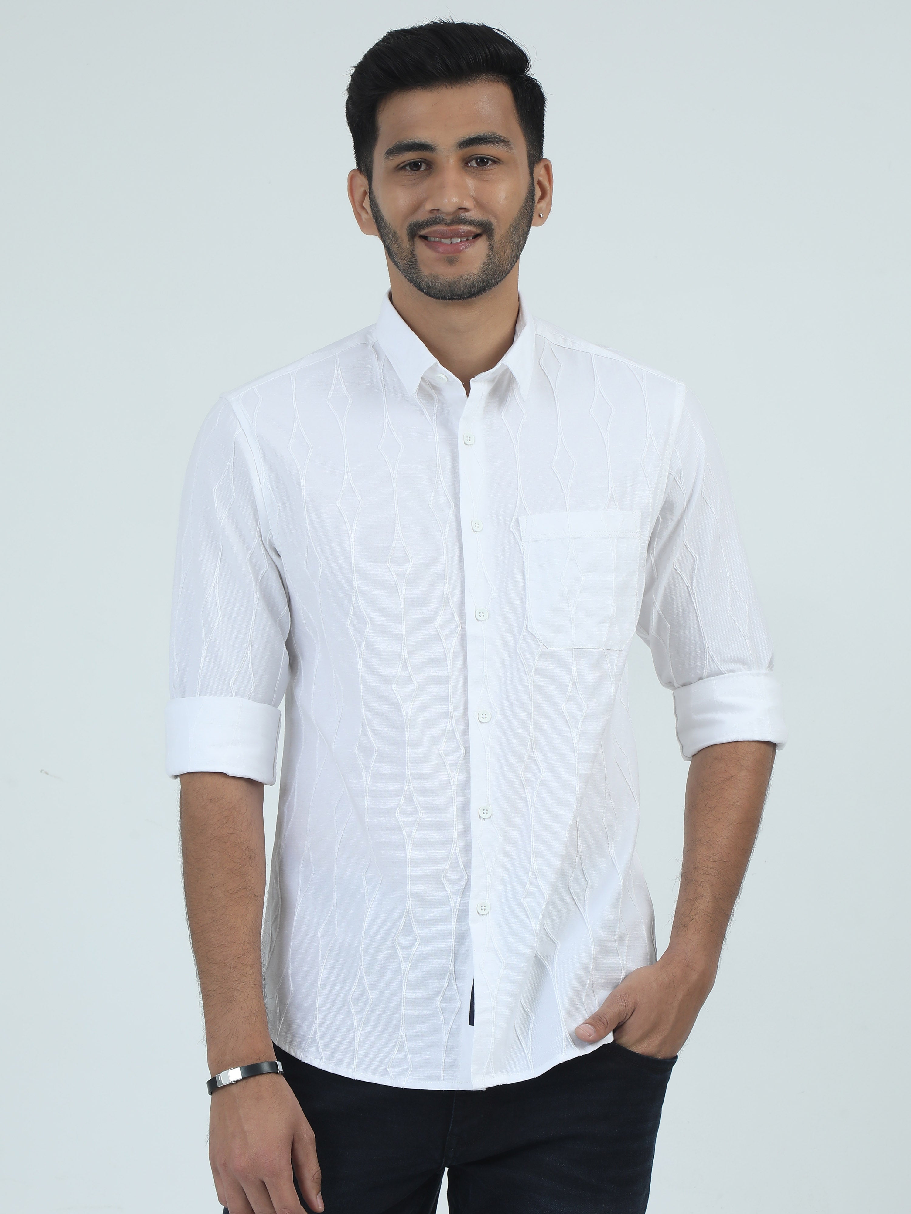 MEN'S WHITE PRINT SLIM FIT SHIRT