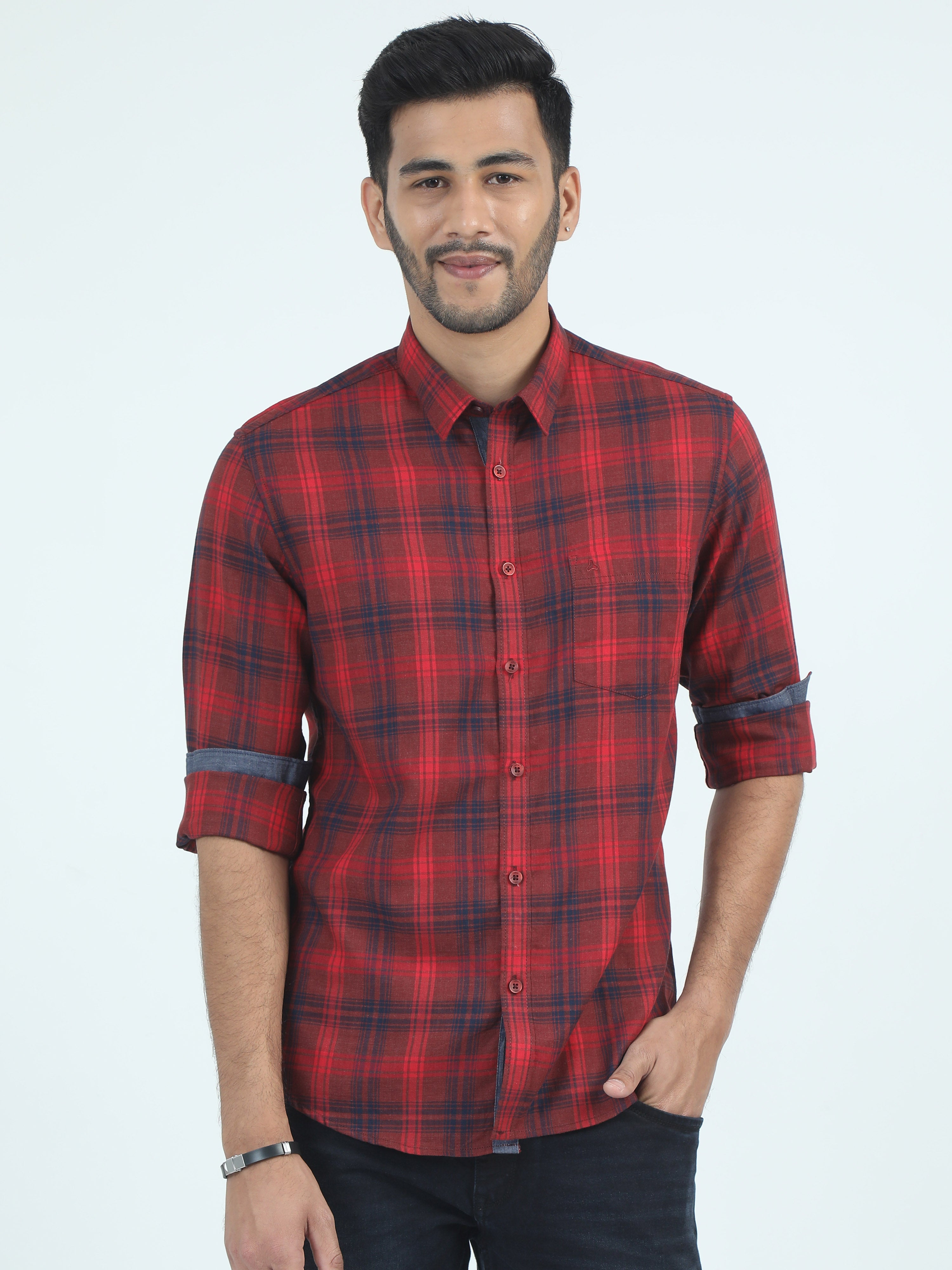 MEN'S RED CHECKS SLIM FIT SHIRT