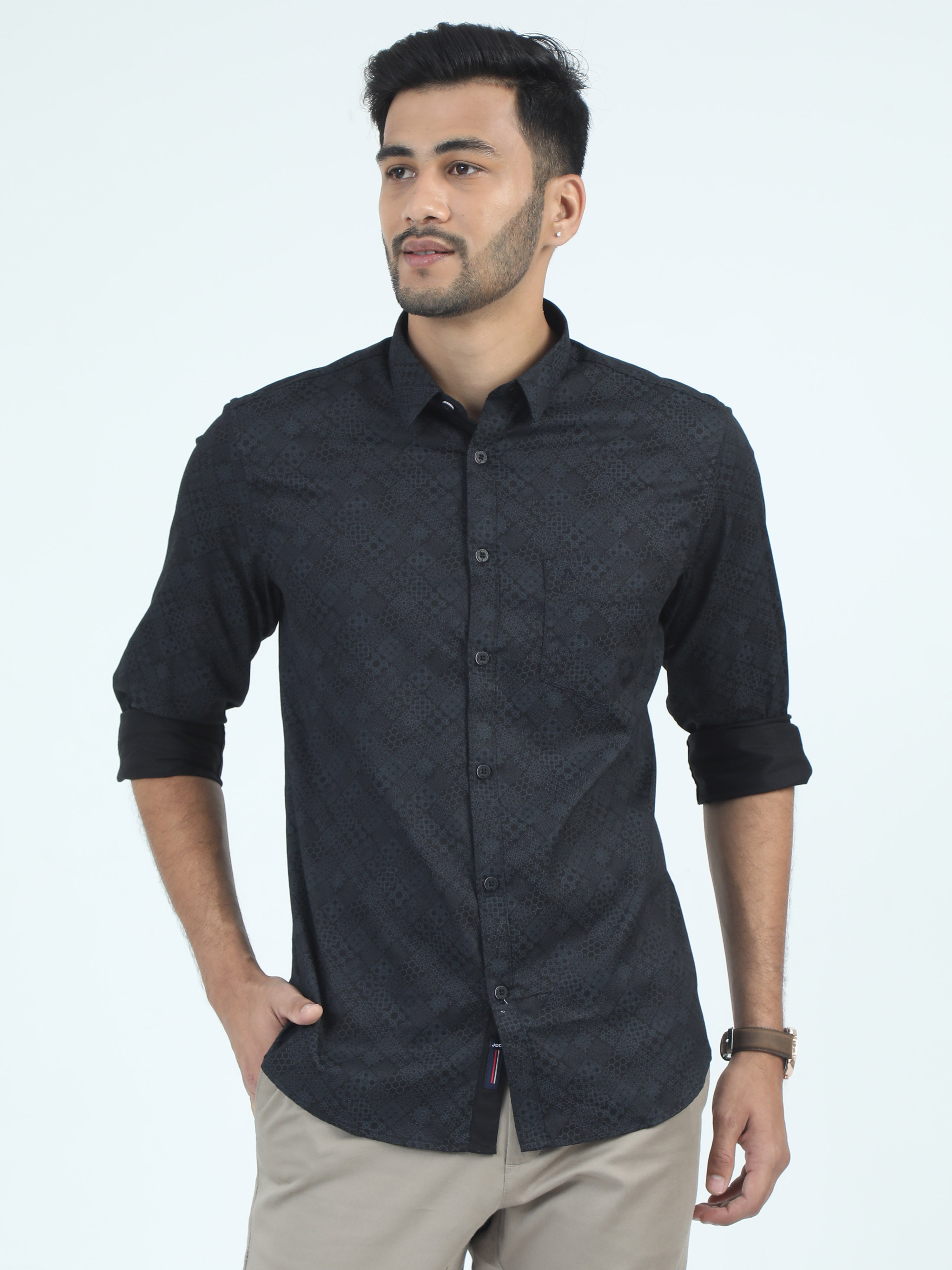 MEN'S BLACK PRINT SLIM FIT SHIRT