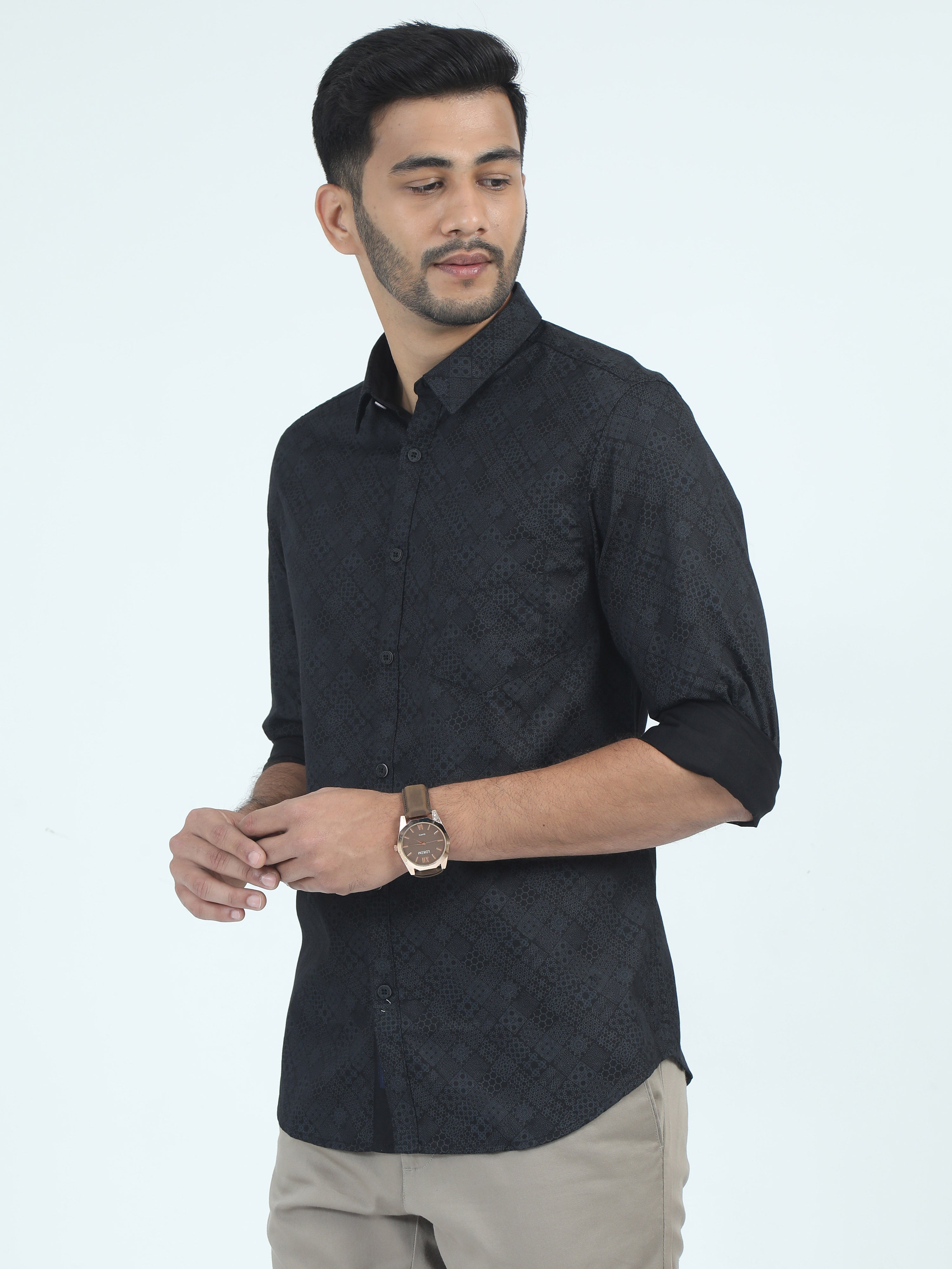 MEN'S BLACK PRINT SLIM FIT SHIRT