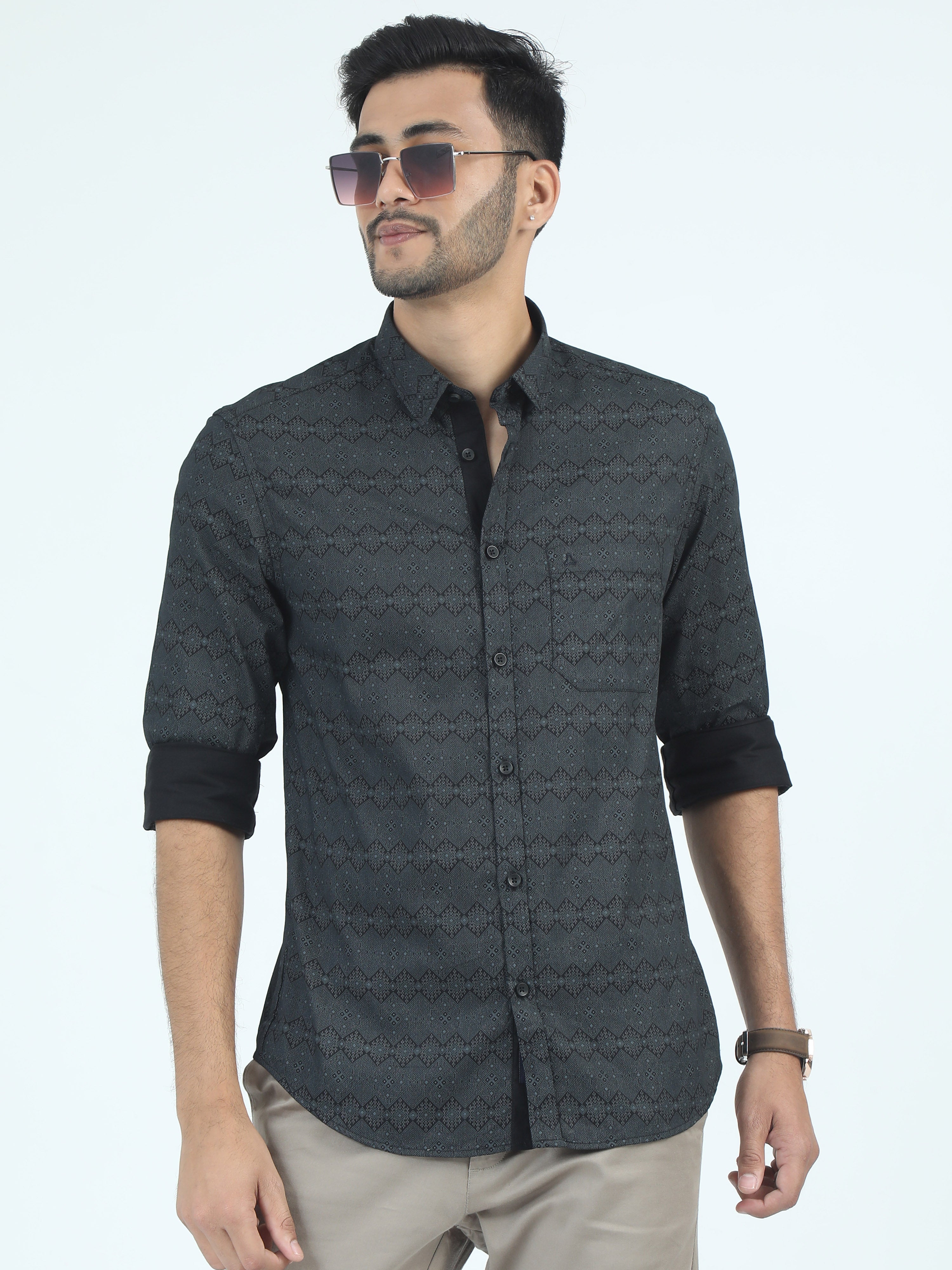 MEN'S BLACK PRINT SLIM FIT SHIRT