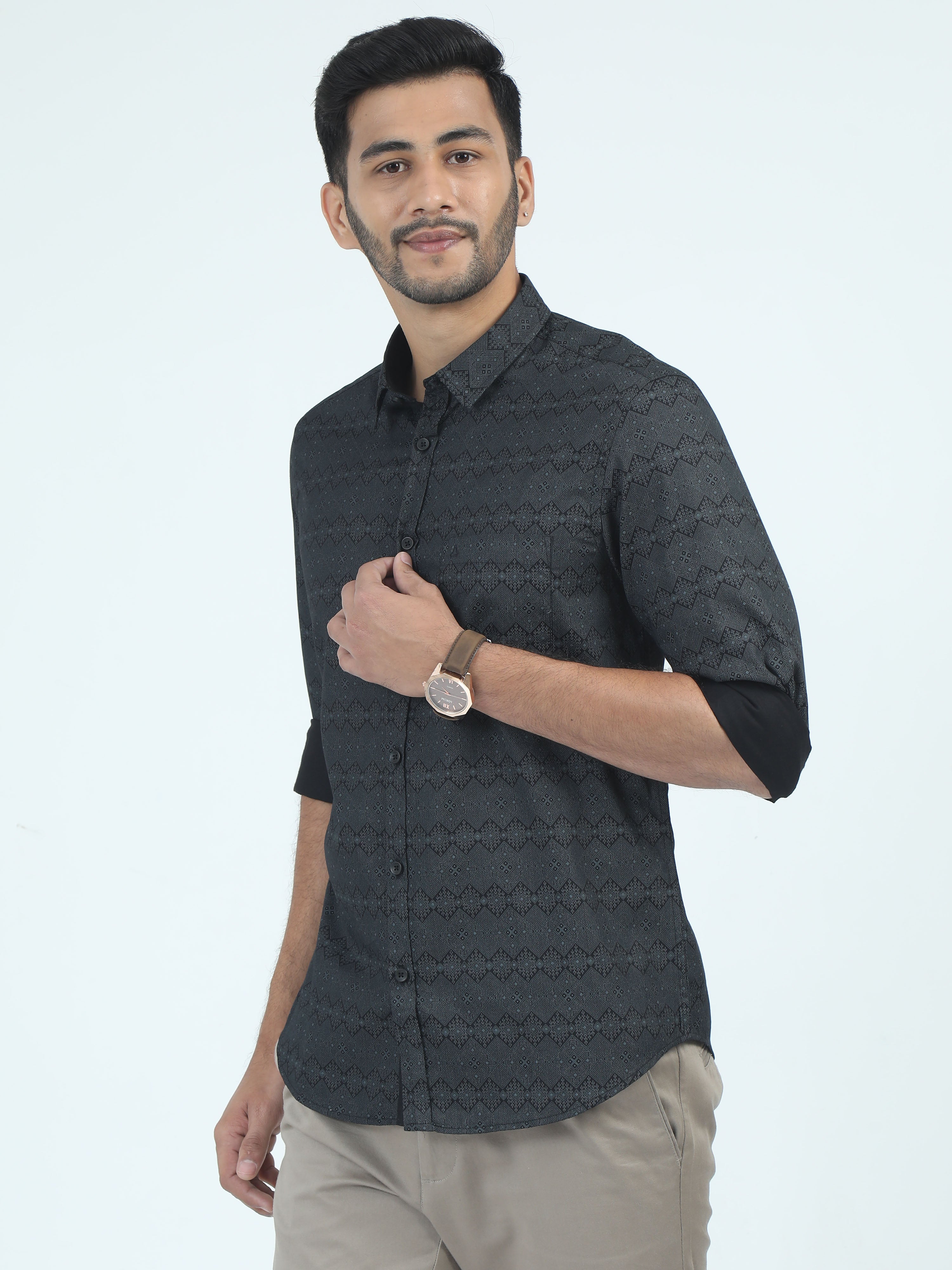 MEN'S BLACK PRINT SLIM FIT SHIRT