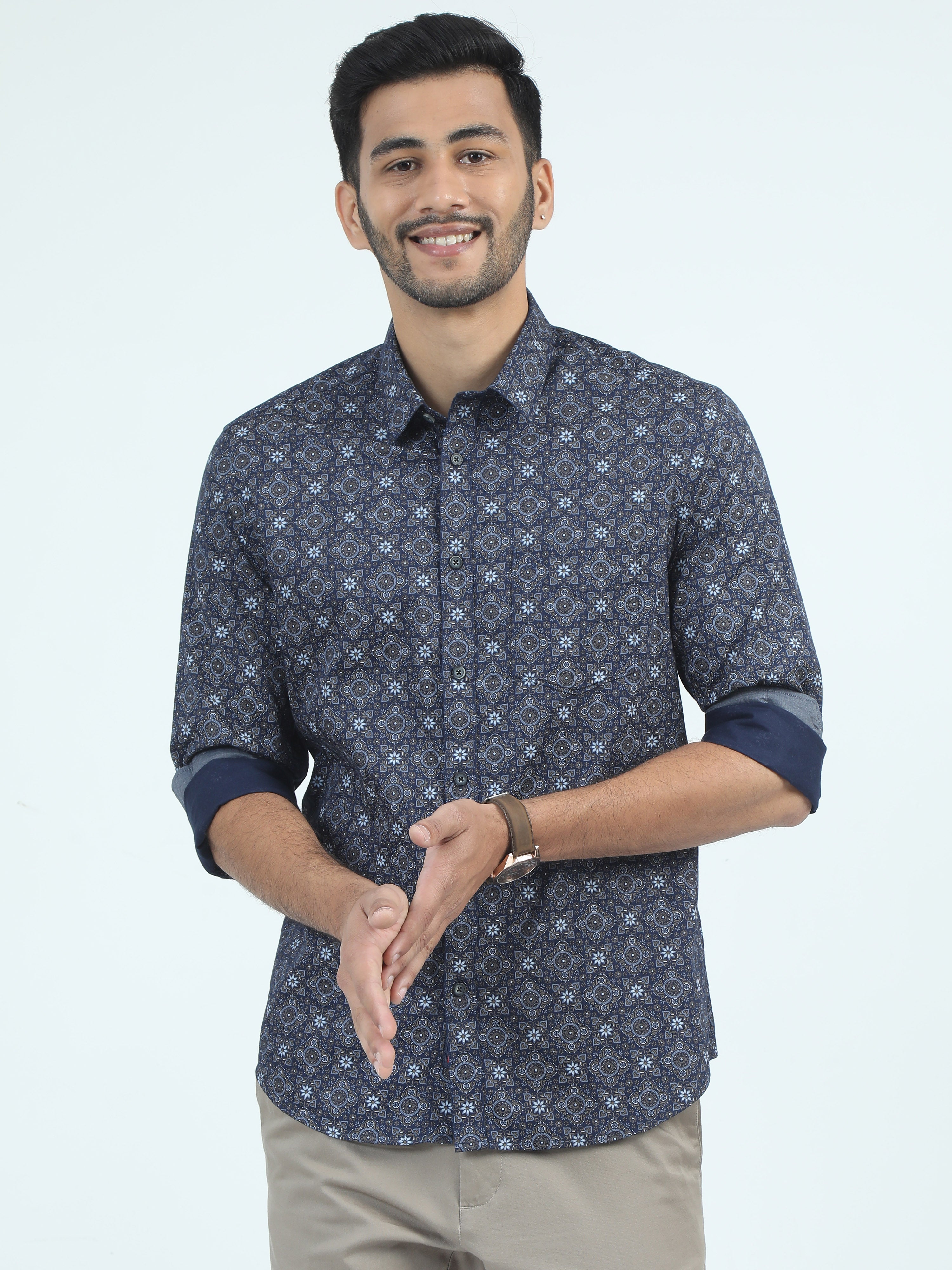 MEN'S NAVY PRINTED SLIM FIT SHIRT