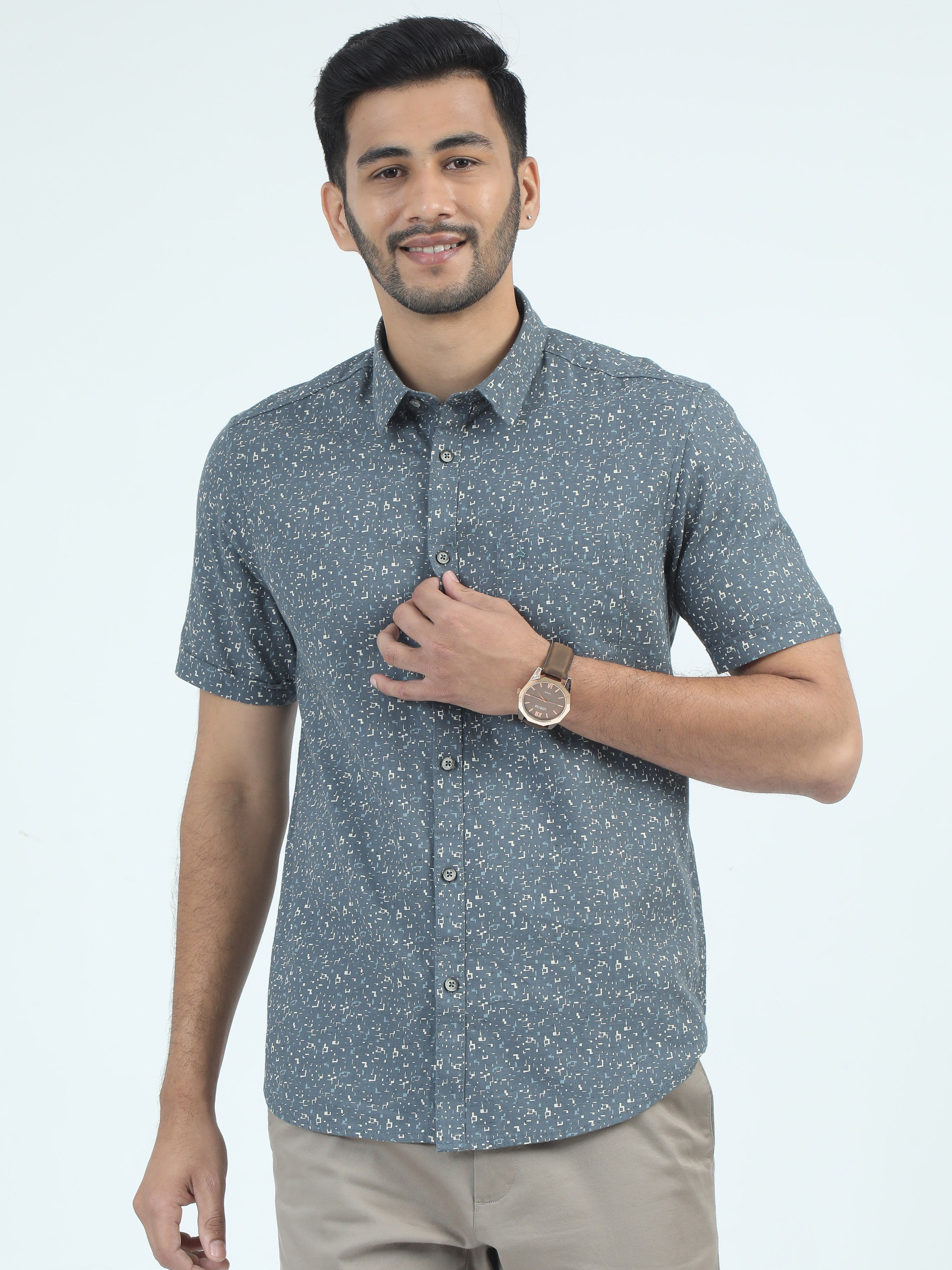 MEN'S GREY PRINT SLIM FIT SHIRT