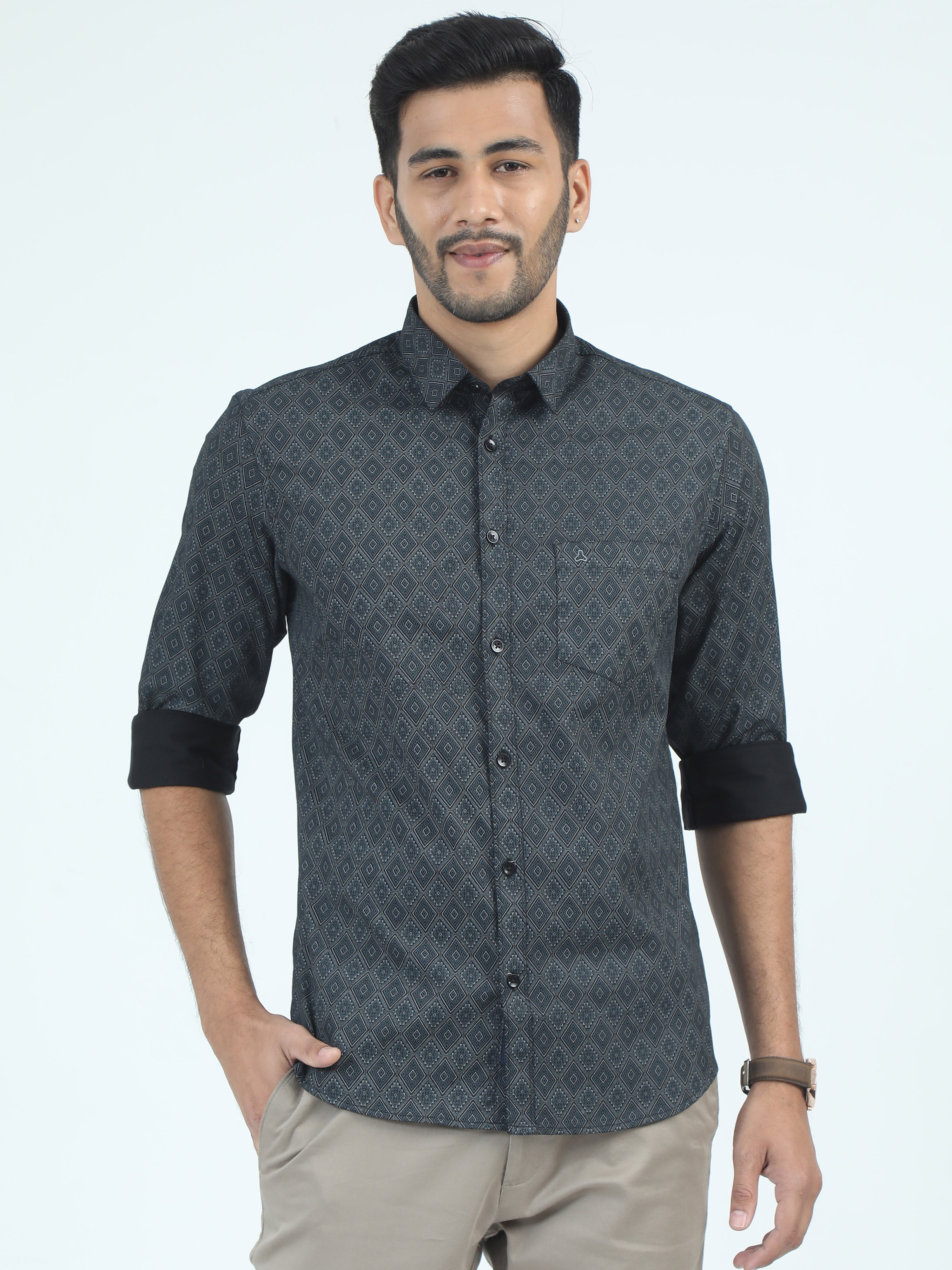 MEN'S BLACK PRINT SLIM FIT SHIRT