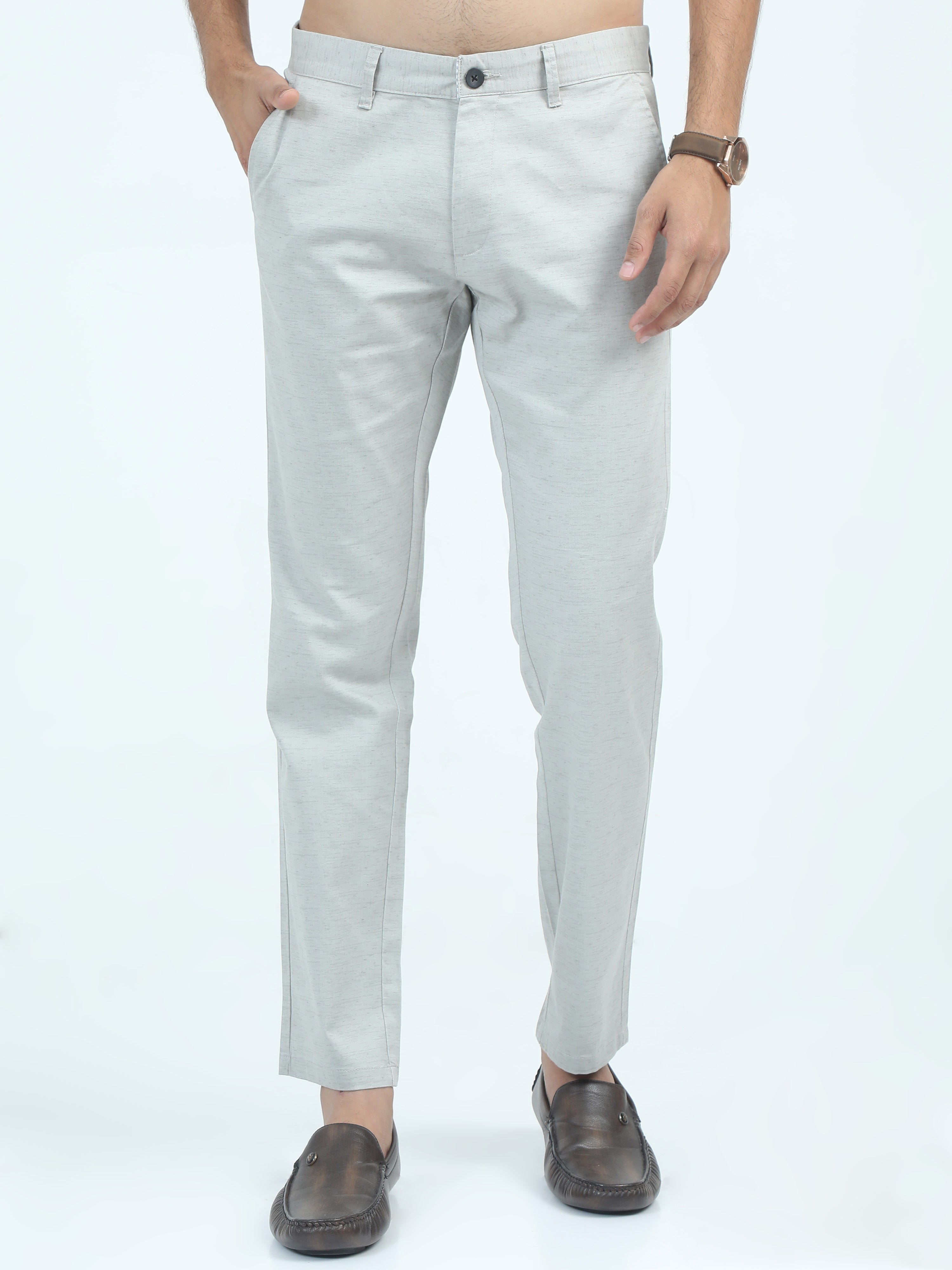 MEN'S GREENISH GREY PRINT SLIM FIT TROUSER