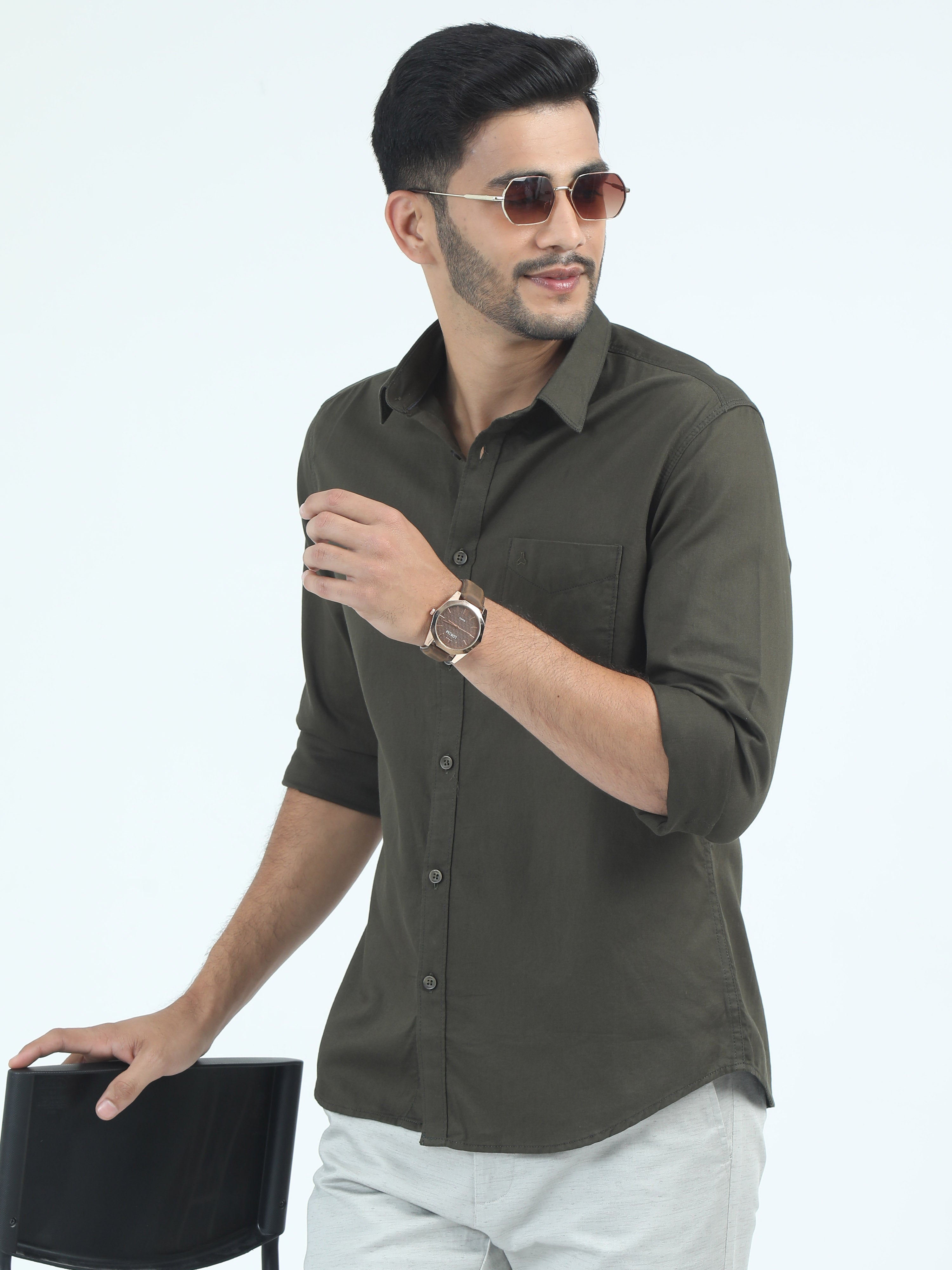 MEN'S BROWN SOLID SLIM FIT SHIRT