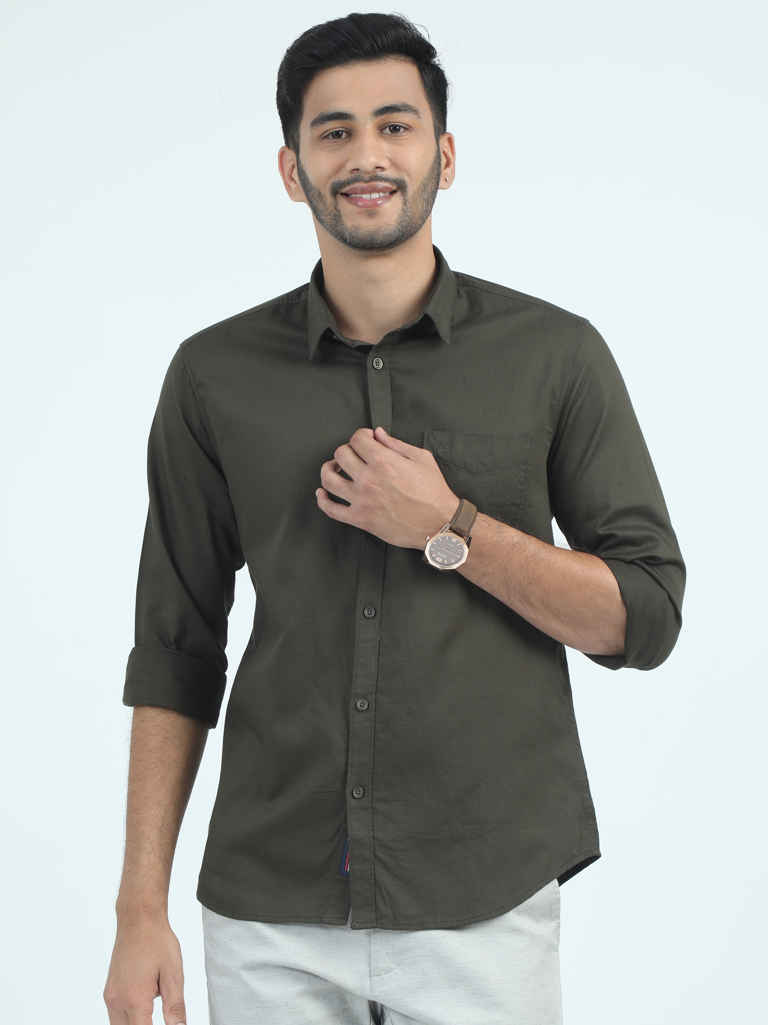 MEN'S BROWN SOLID SLIM FIT SHIRT