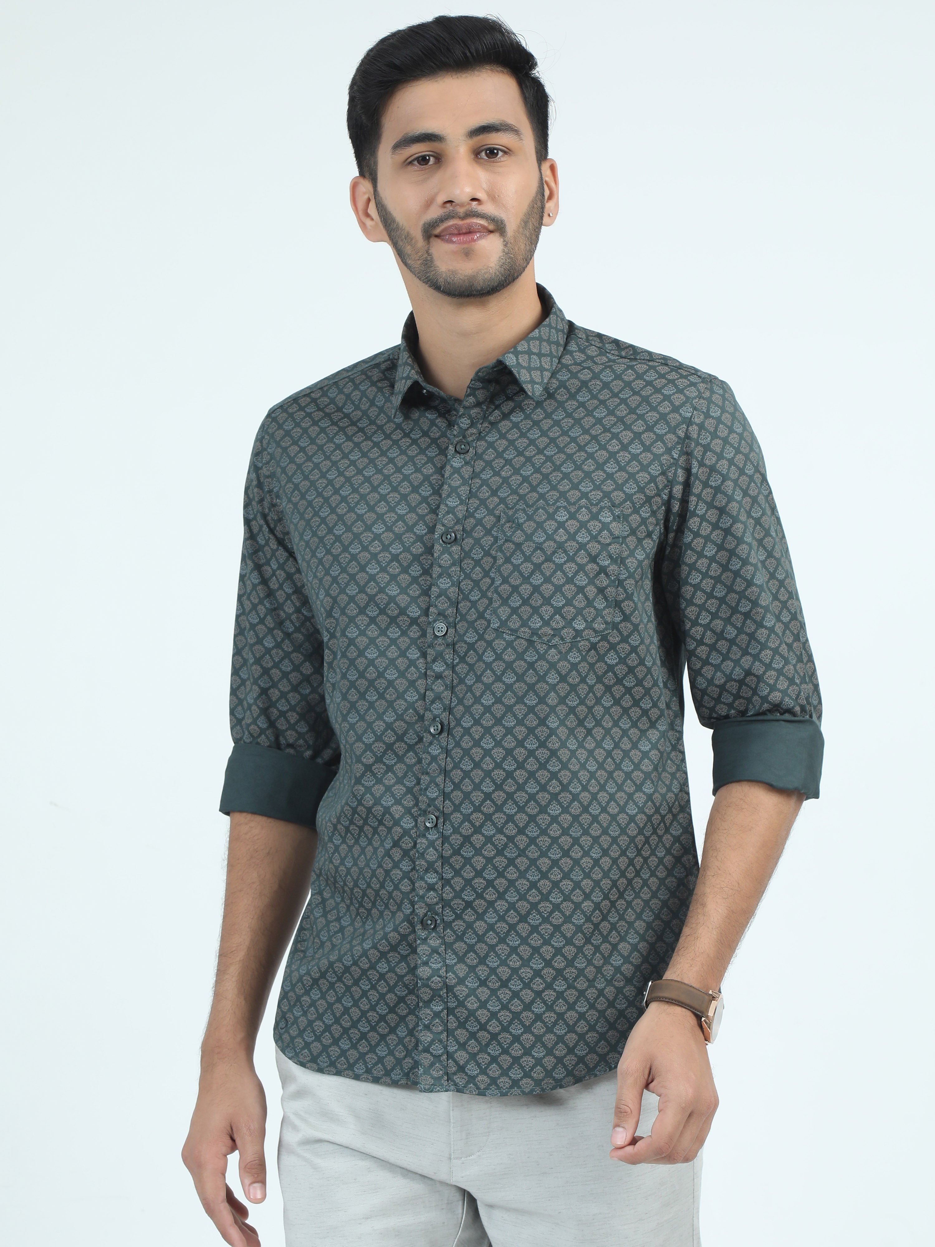 MEN'S GREEN PRINT SLIM FIT SHIRT