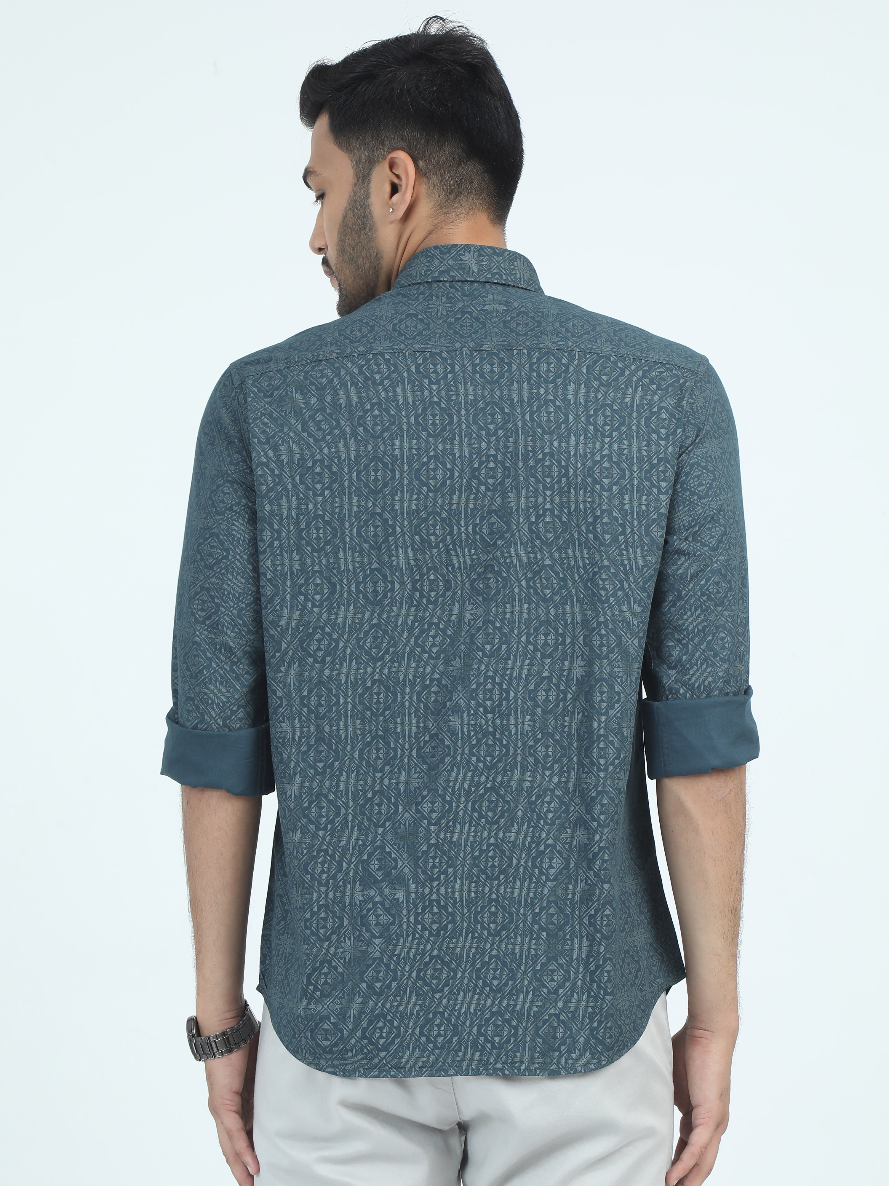 MEN'S GREEN PRINT SLIM FIT SHIRT