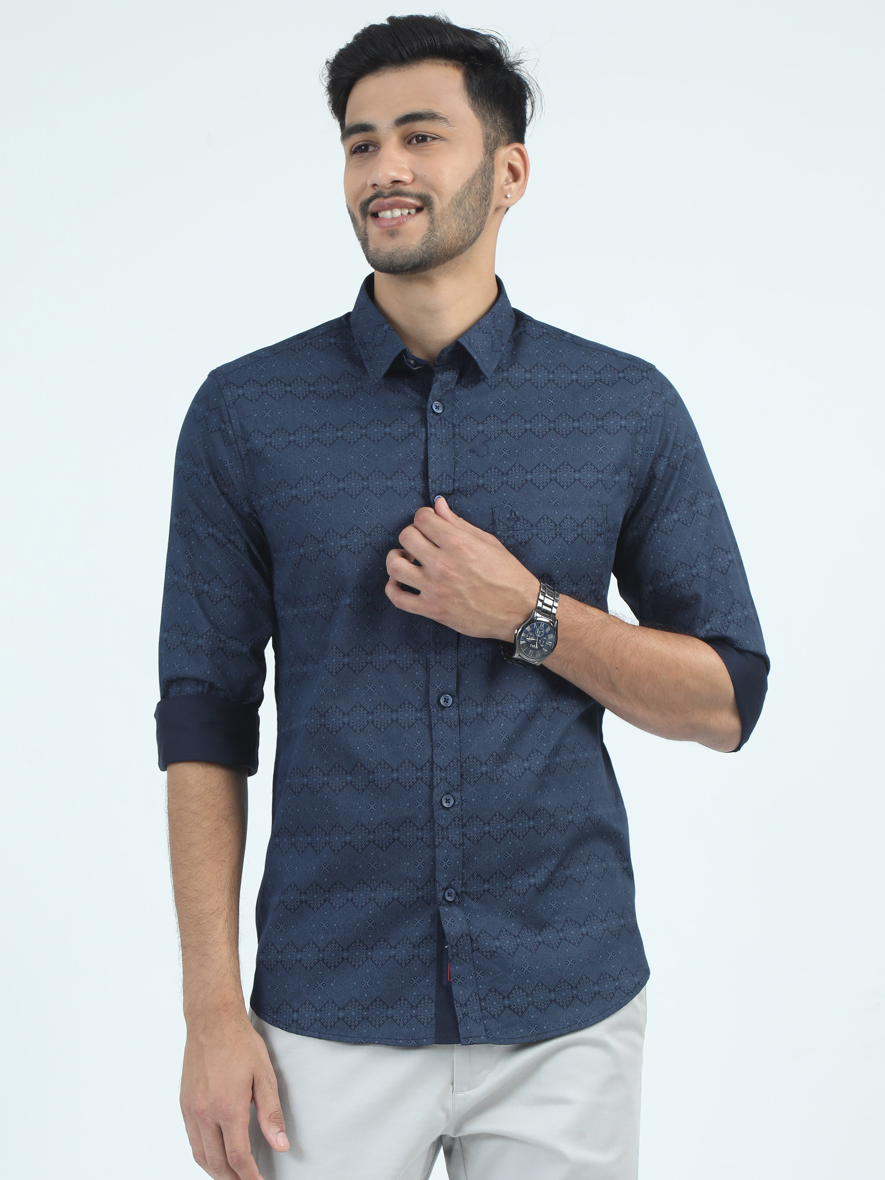 MEN'S NAVY PRINT SLIM FIT SHIRT