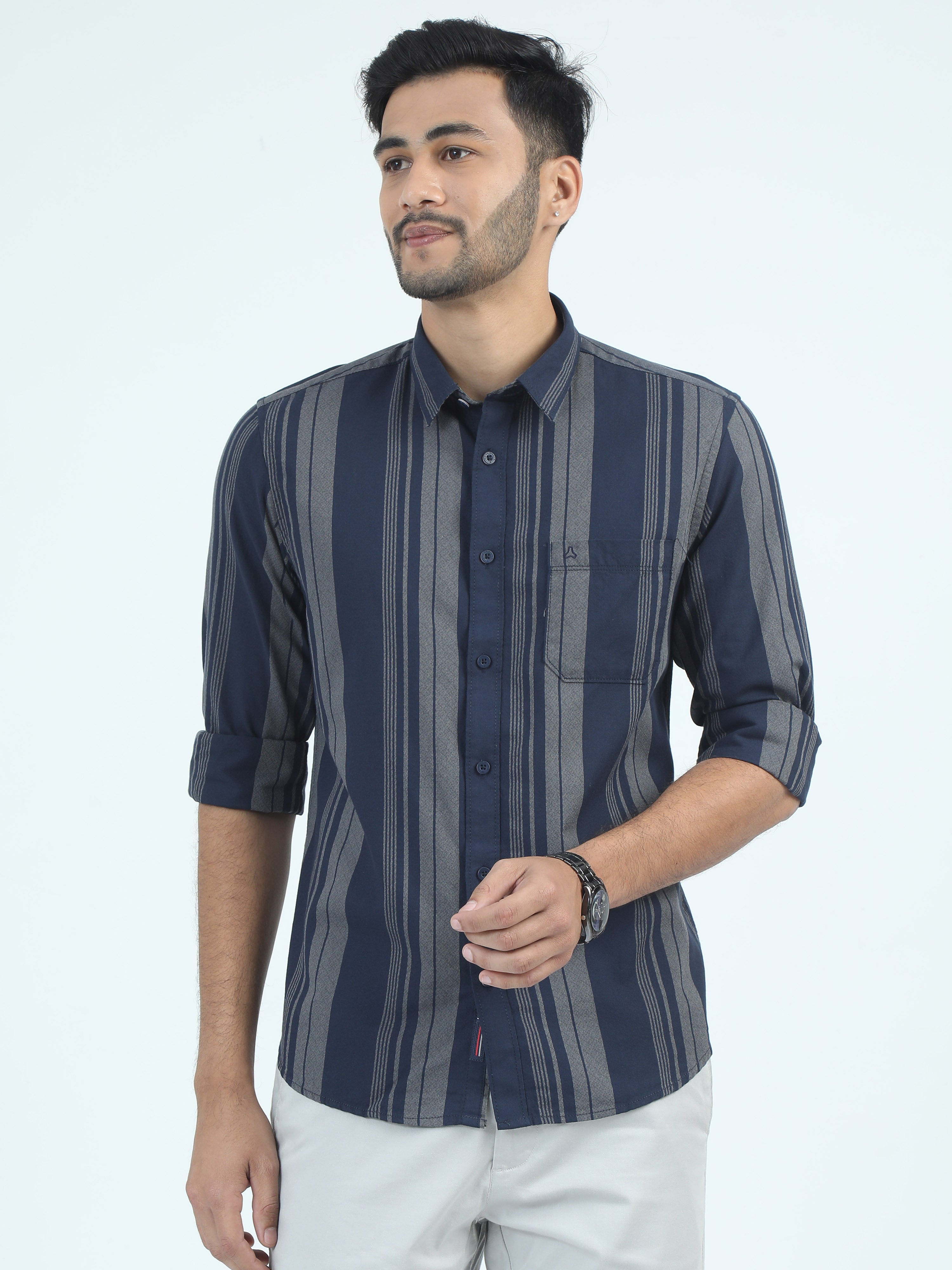 MEN'S NAVY STRIPES SLIM FIT SHIRT