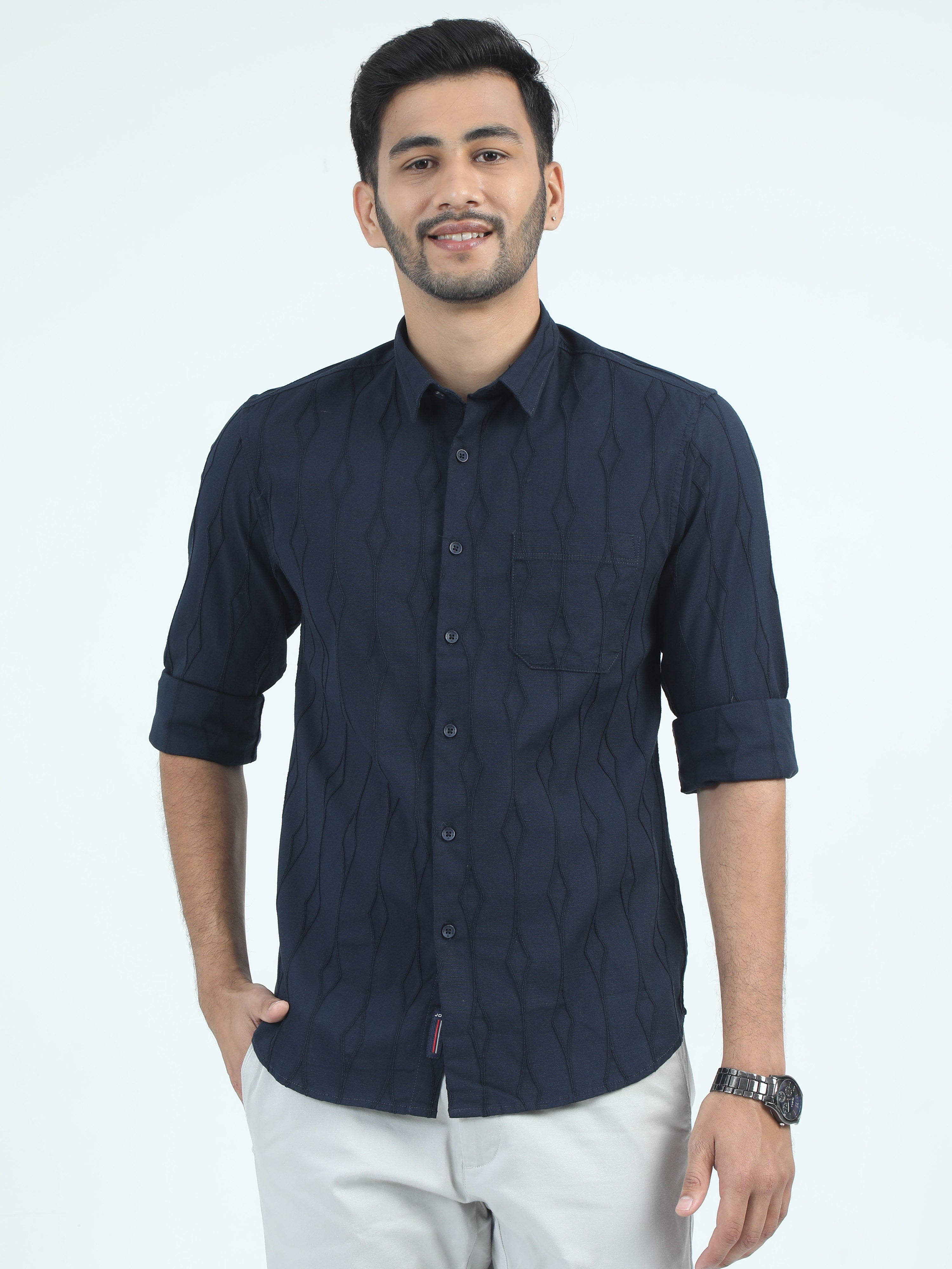 MEN'S NAVY PRINT SLIM FIT SHIRT