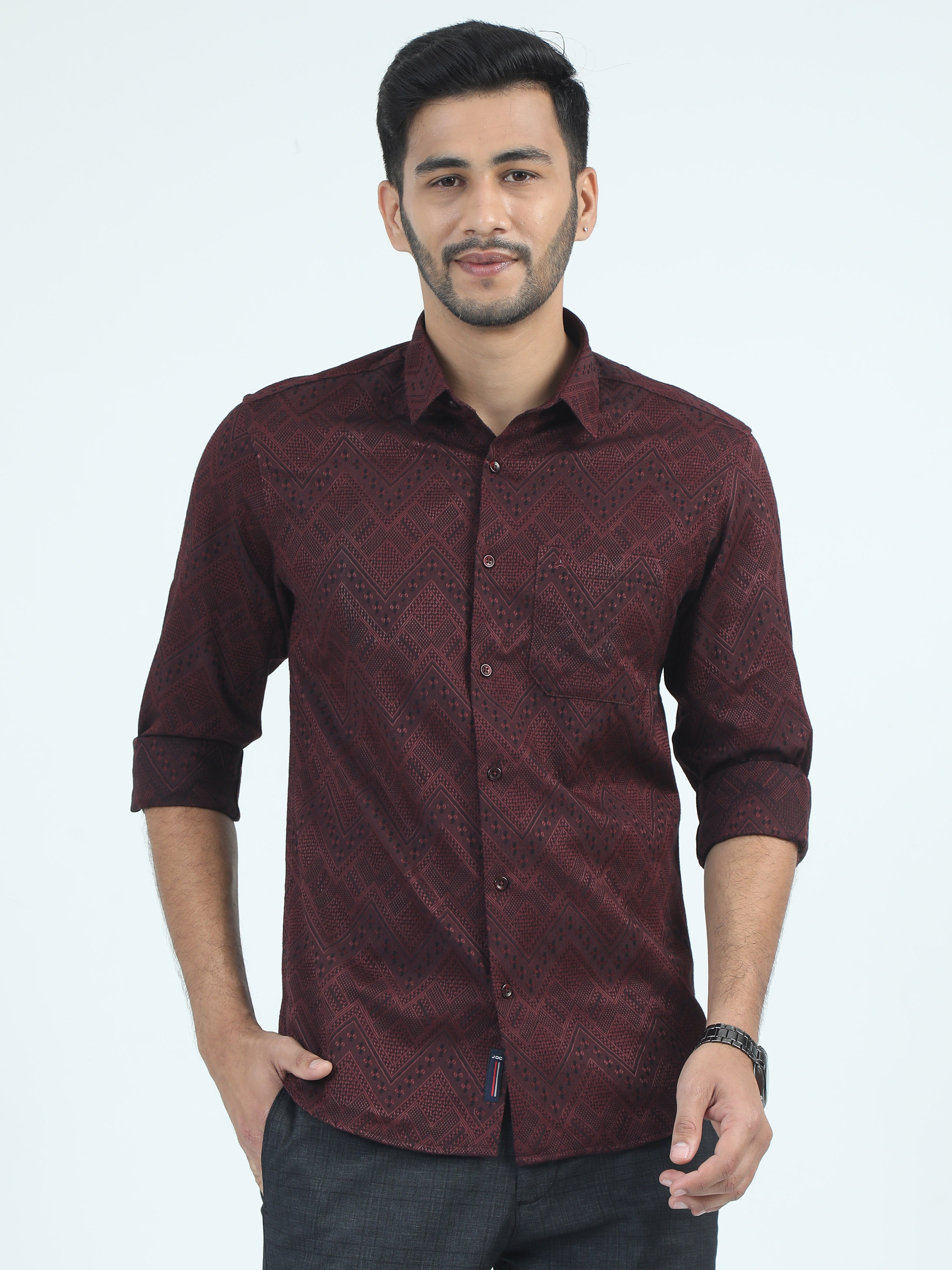 MEN'S MAROON PRINT SLIM FIT SHIRT