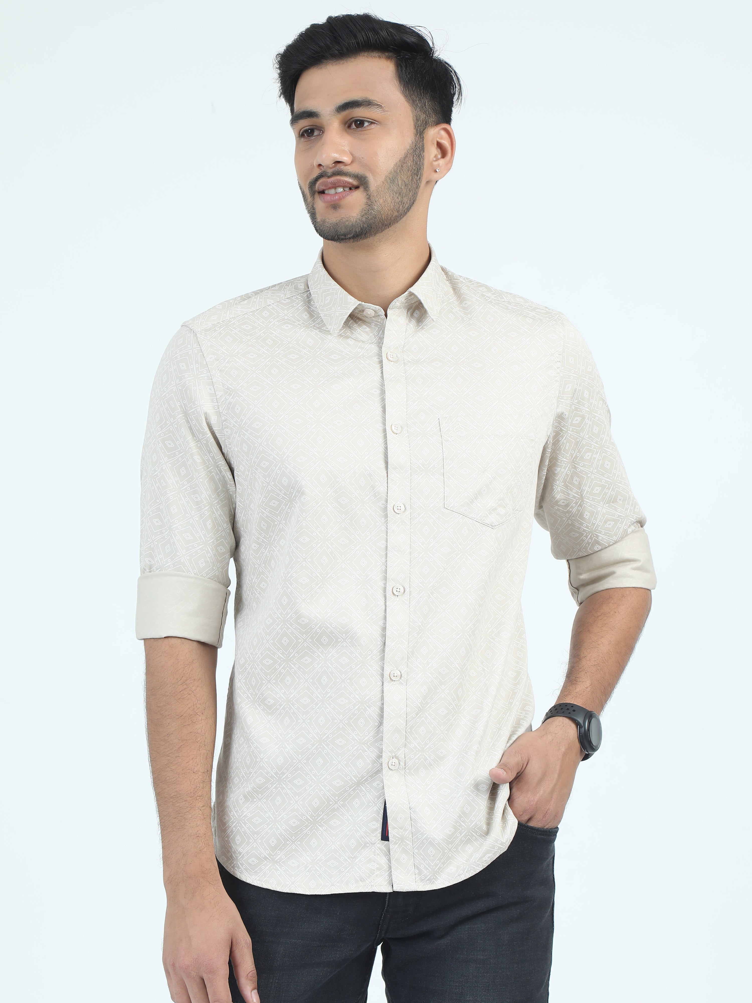 MEN'S BEIGE PRINT SLIM FIT SHIRT