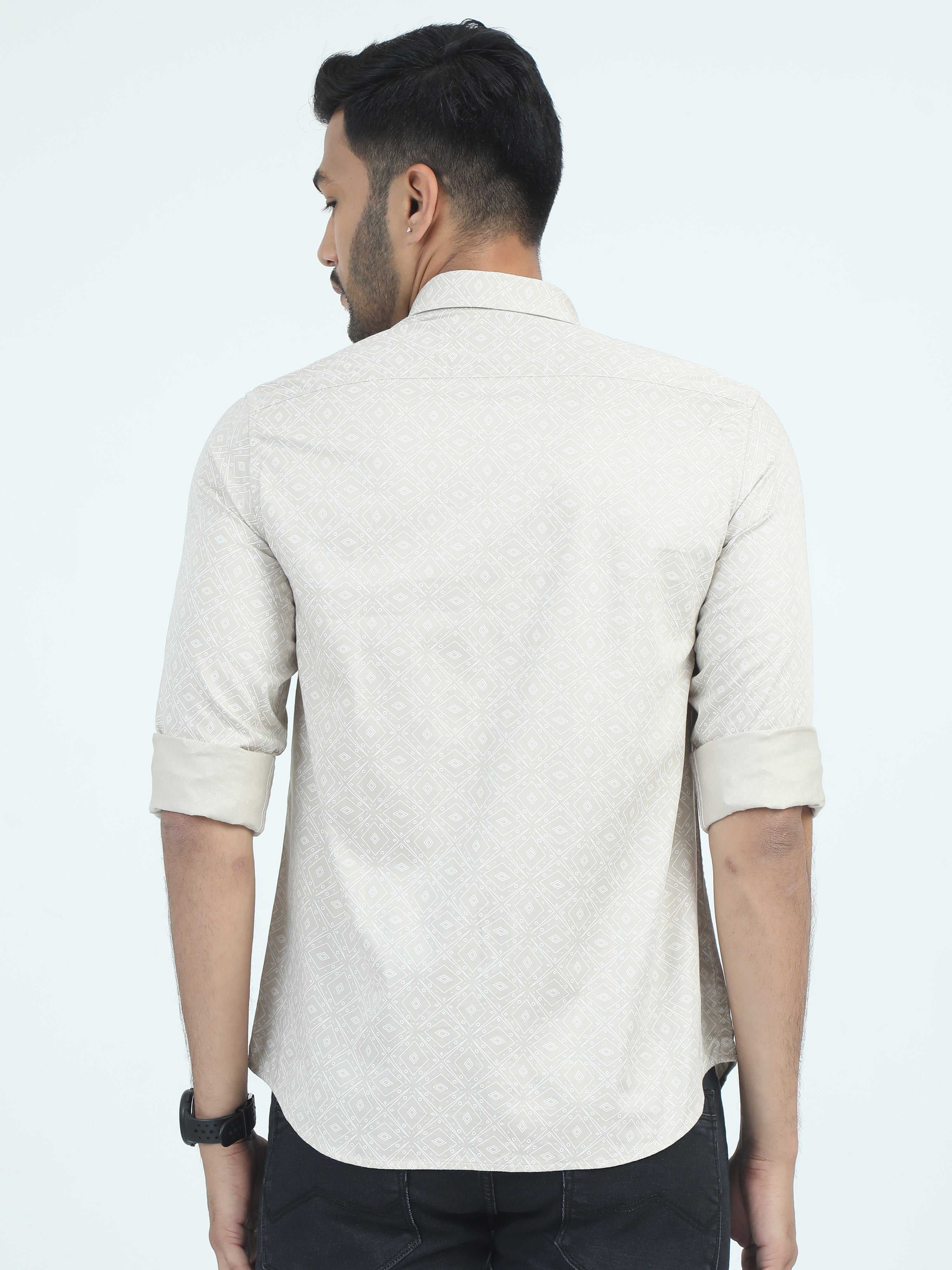 MEN'S BEIGE PRINT SLIM FIT SHIRT