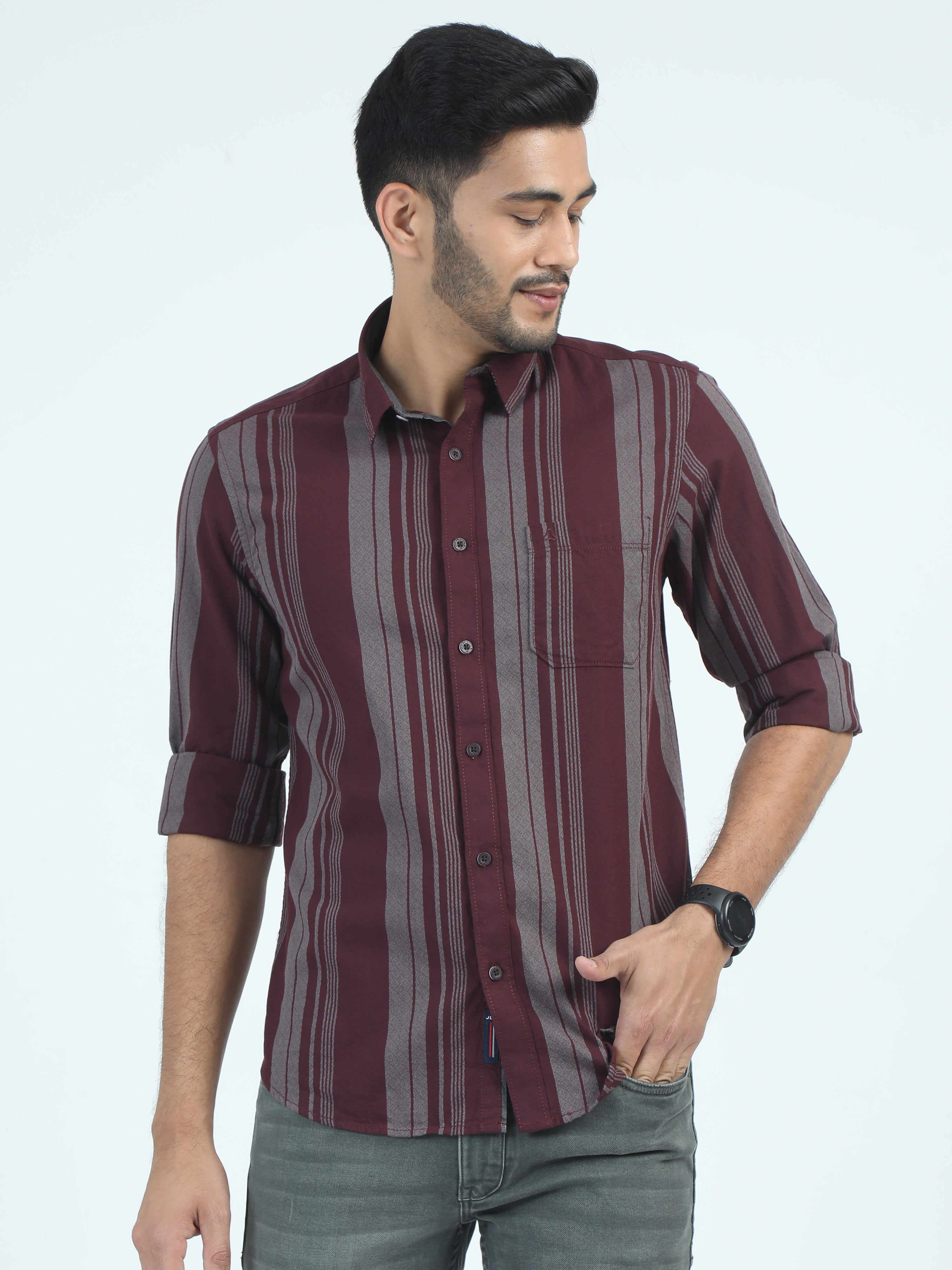 MEN'S MAROON STRIPES SLIM FIT SHIRT