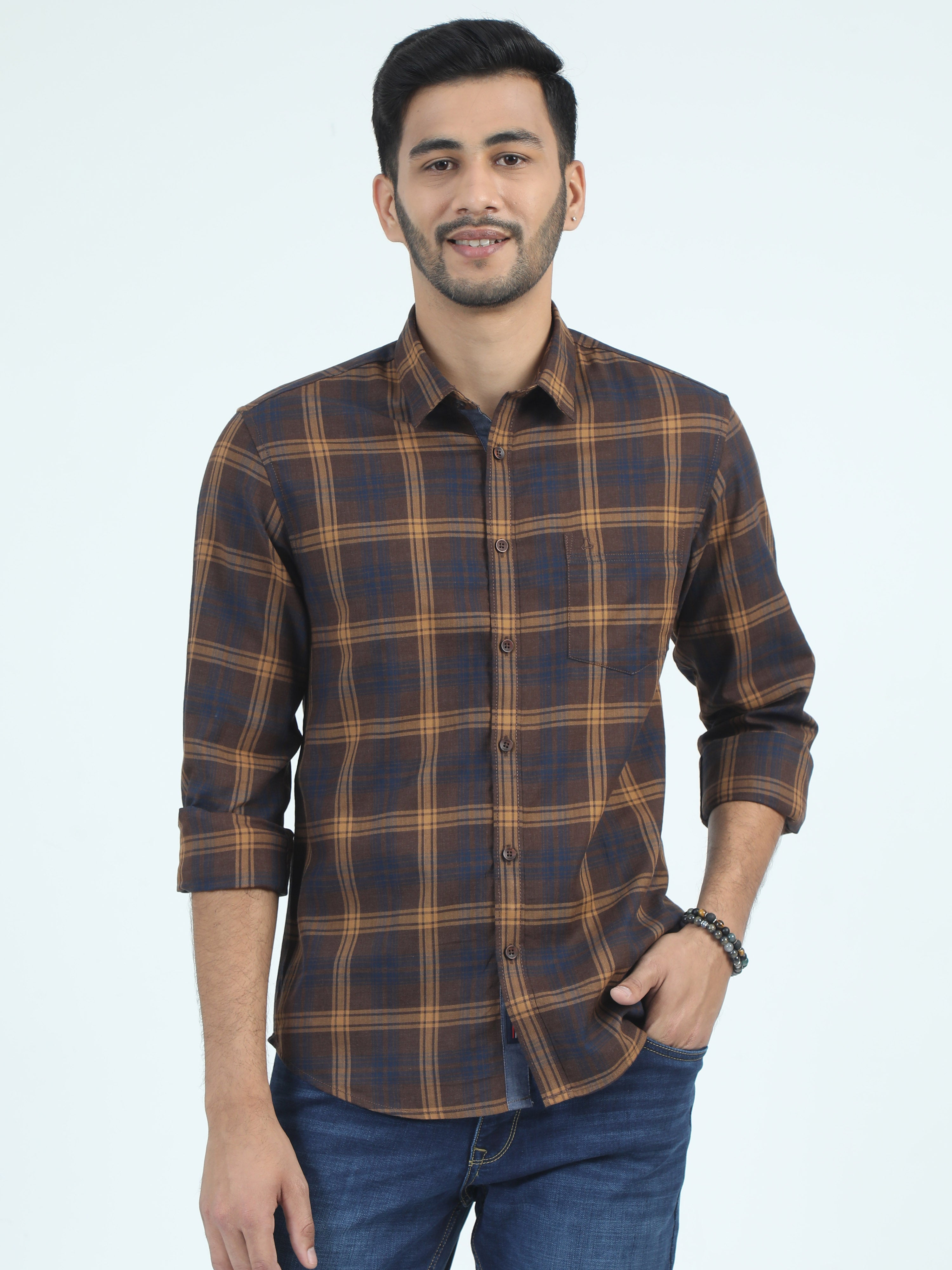 MEN'S DK.BROWN CHECKS SLIM FIT SHIRT