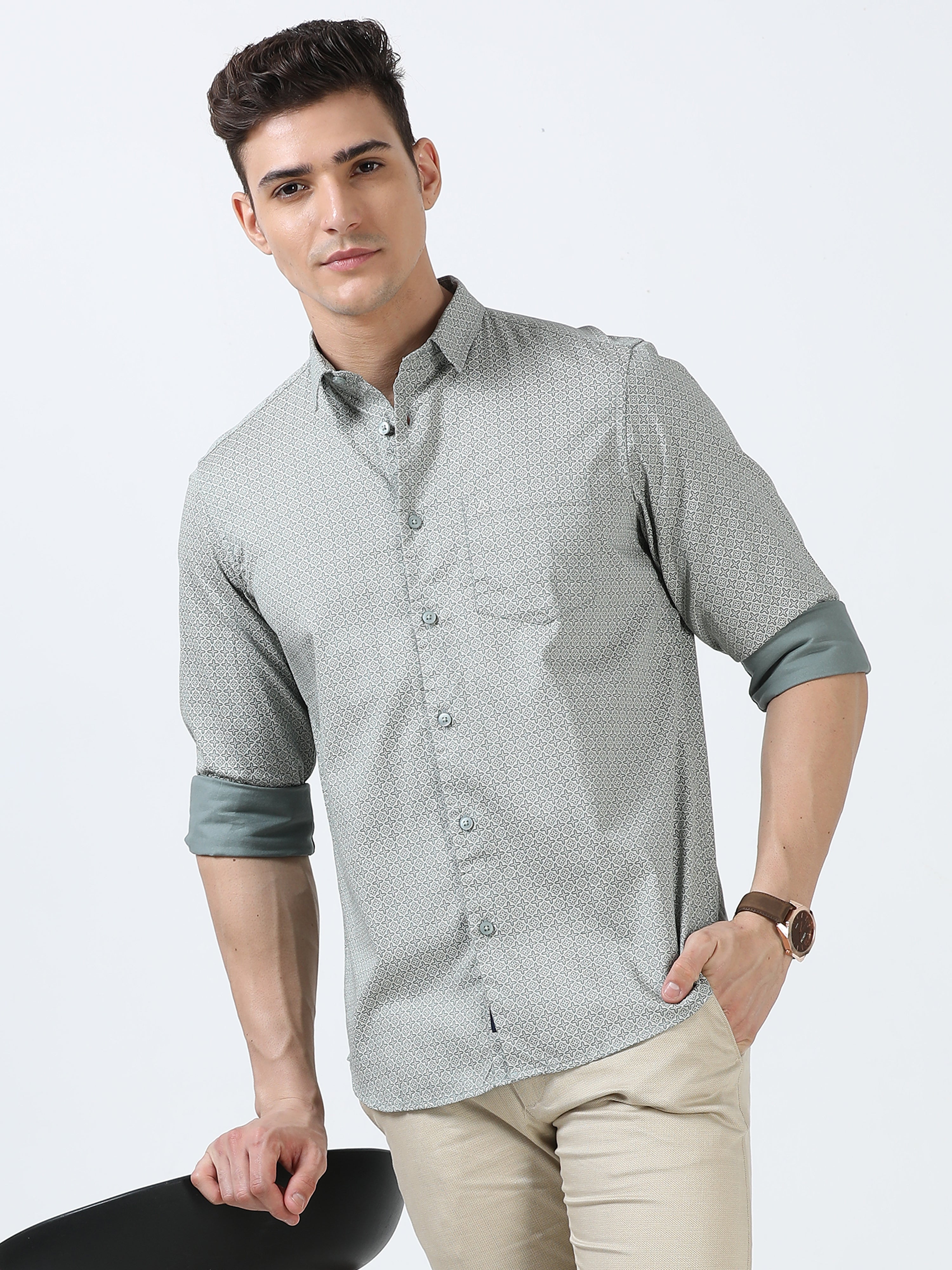 MEN'S DK.GREEN PRINT SLIM FIT SHIRT