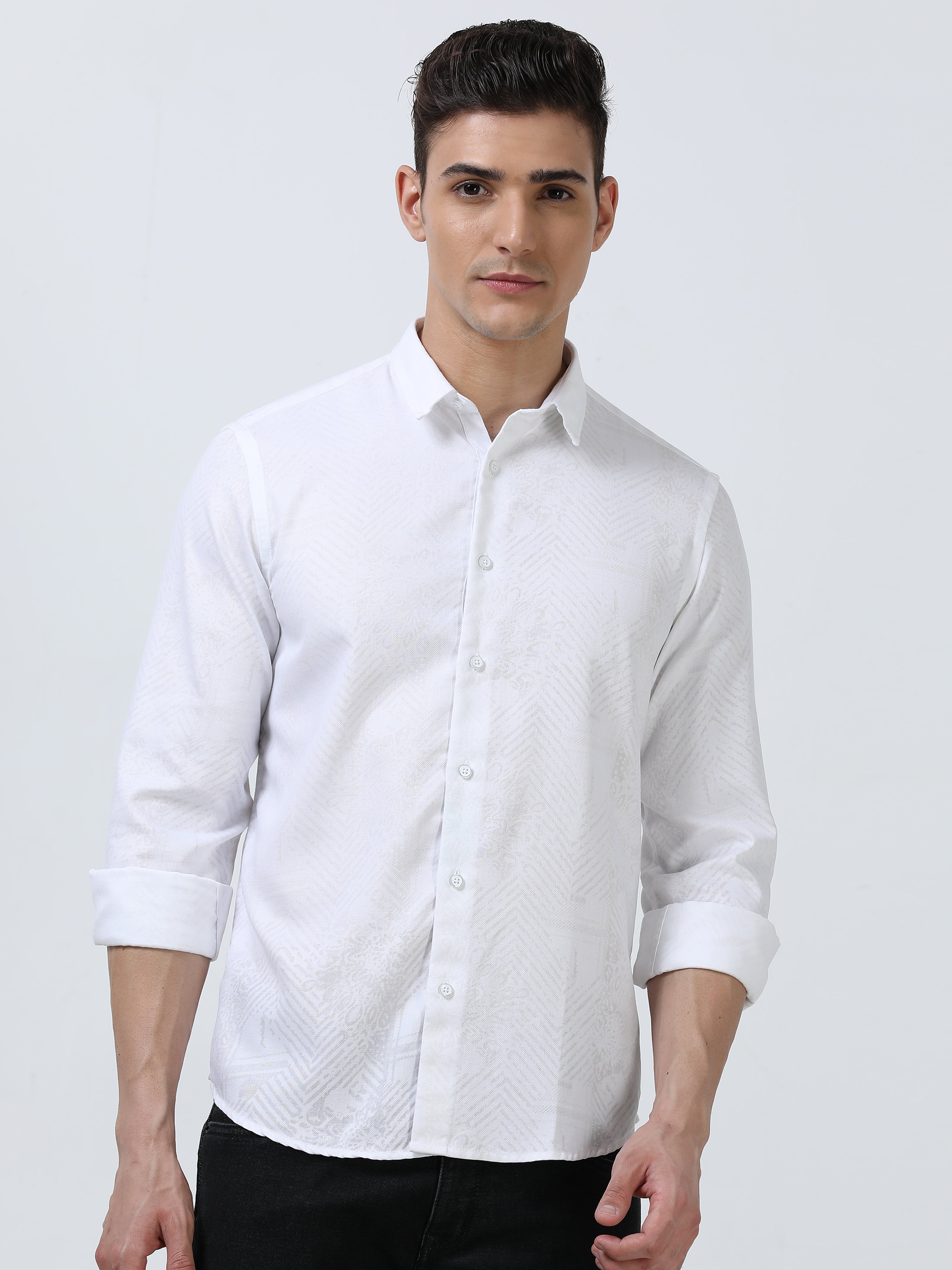 MEN'S WHITE-PRINTED SLIM FIT SHIRT