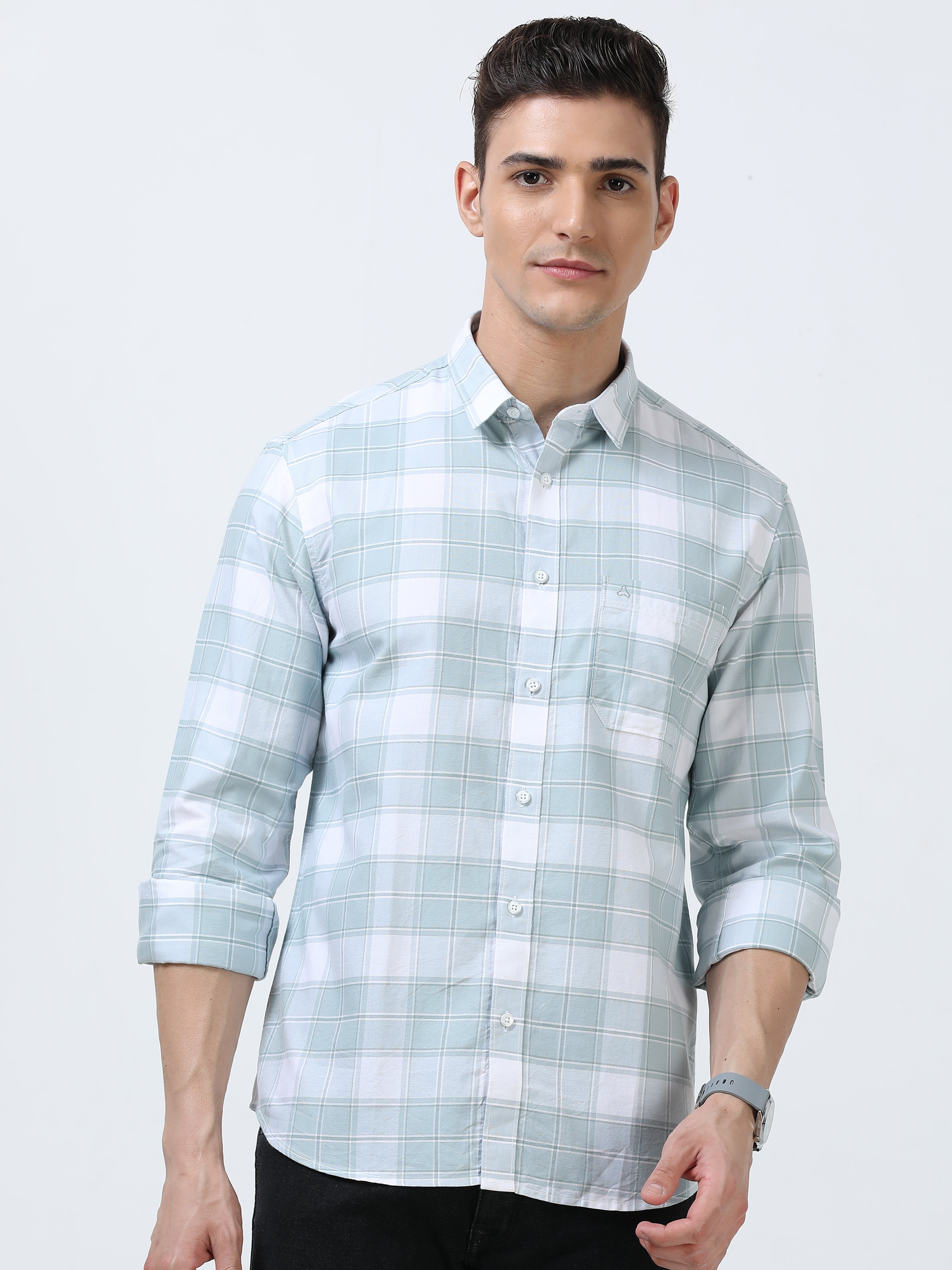 MEN'S LT.GREEN CHECKED  SLIM FIT SHIRT