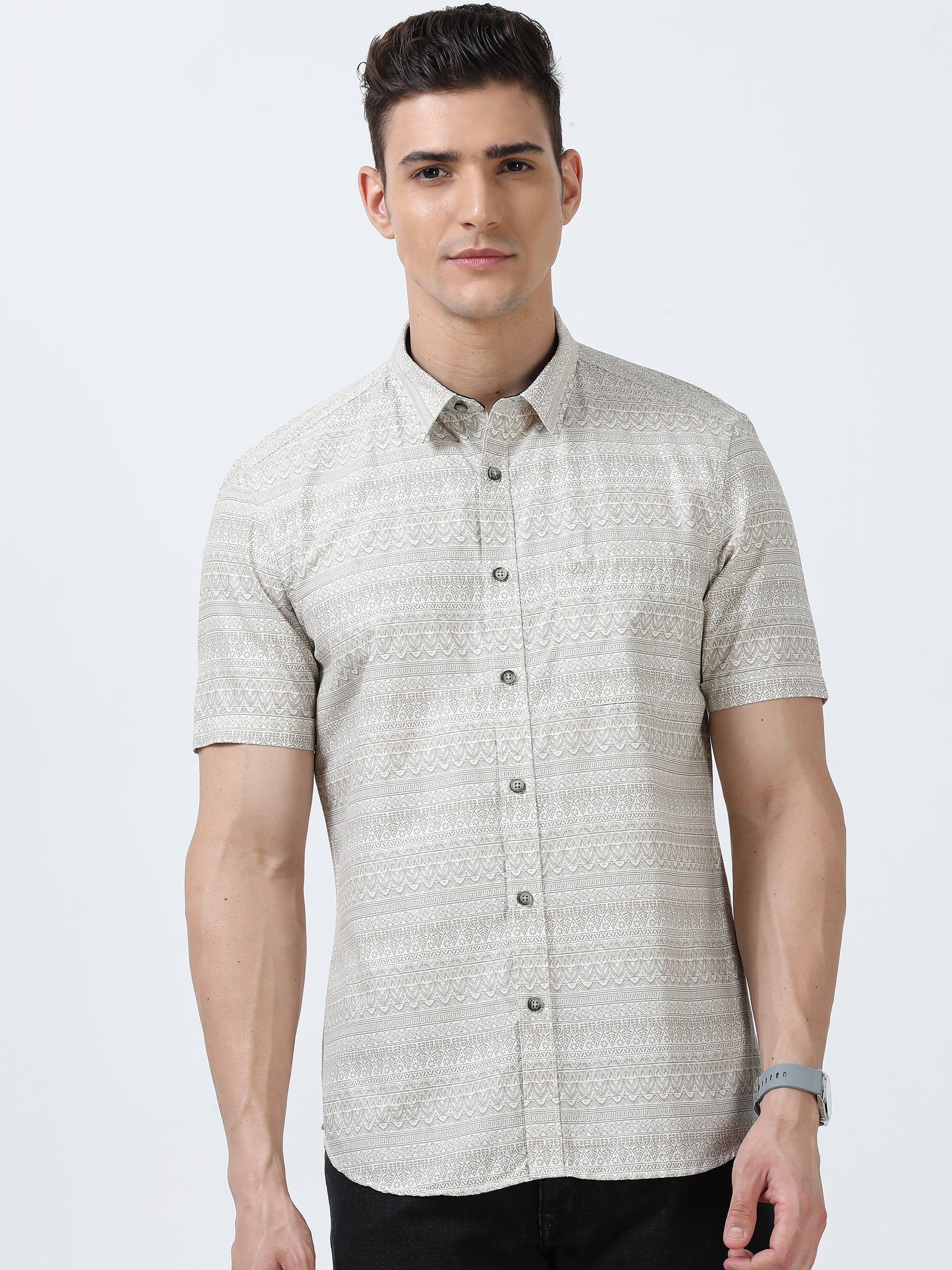 MEN'S BROWN PRINT SLIM FIT SHIRT