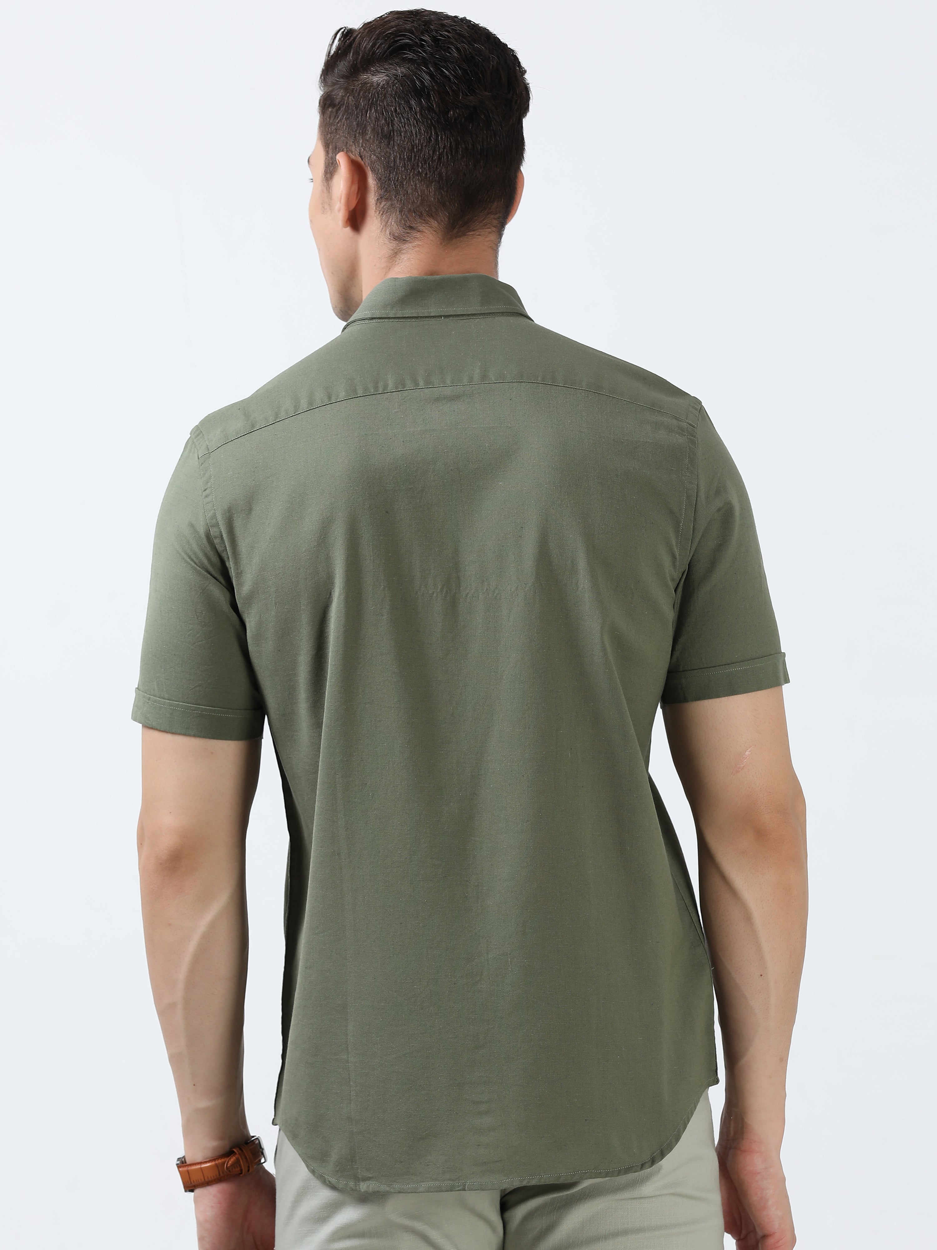 MEN'S OLIVE-SOLID SLIM FIT SHIRT