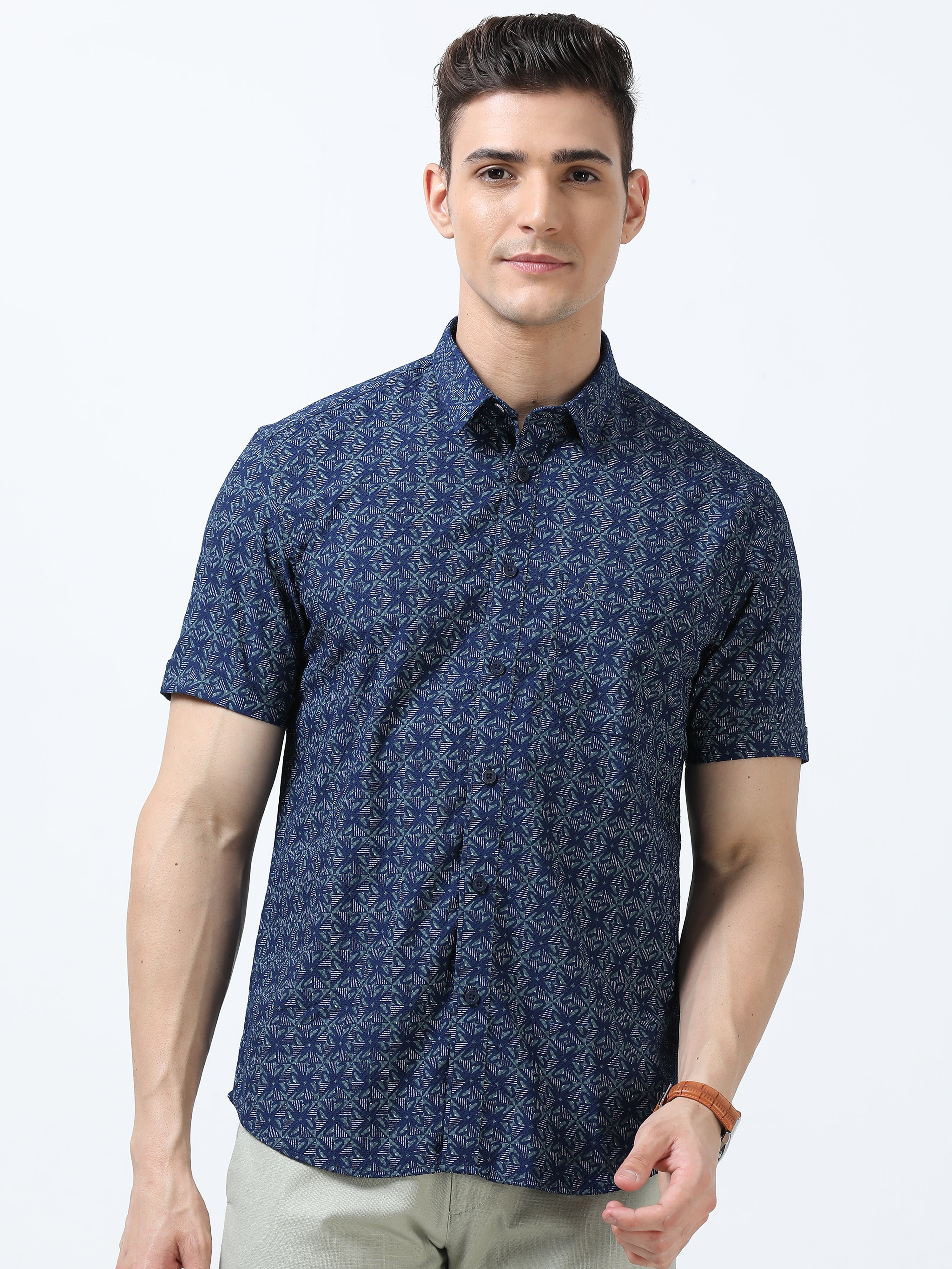 MEN'S NAVY PRINT SLIM FIT SHIRT