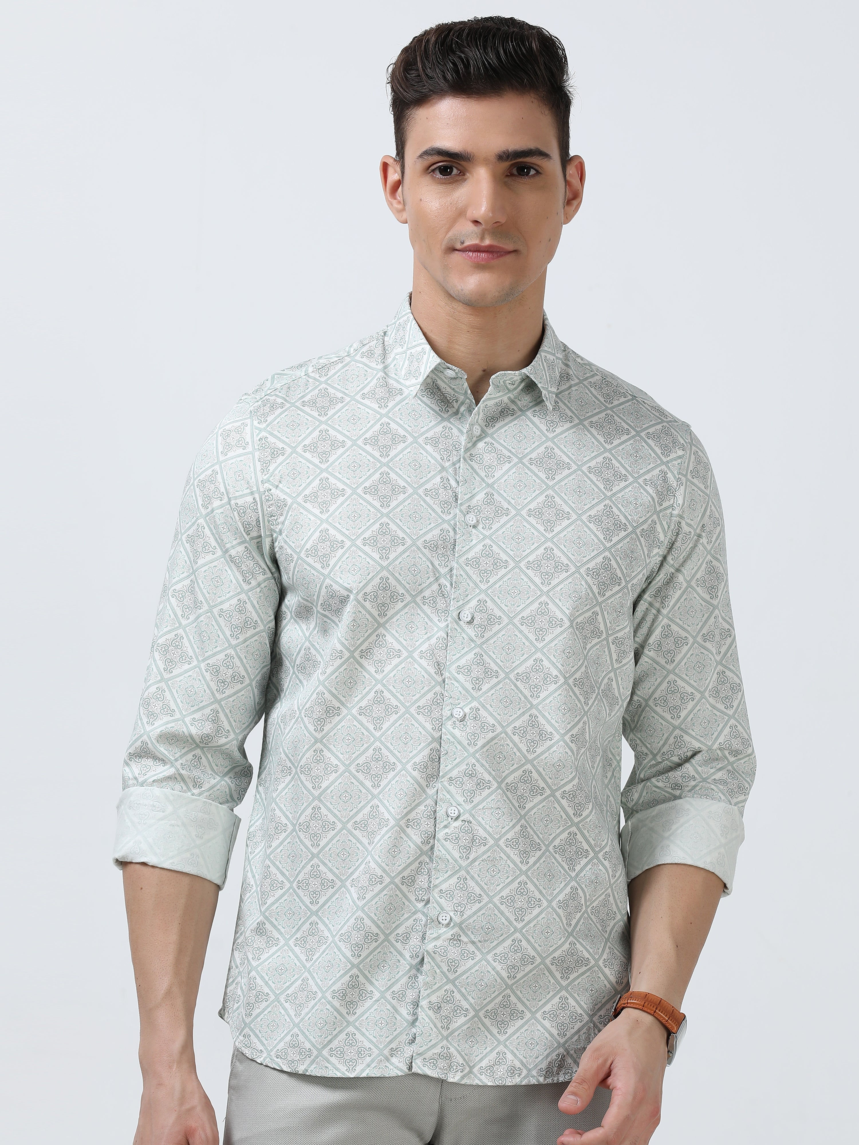 MEN'S LT.GREEN PRINTED SLIM FIT SHIRT