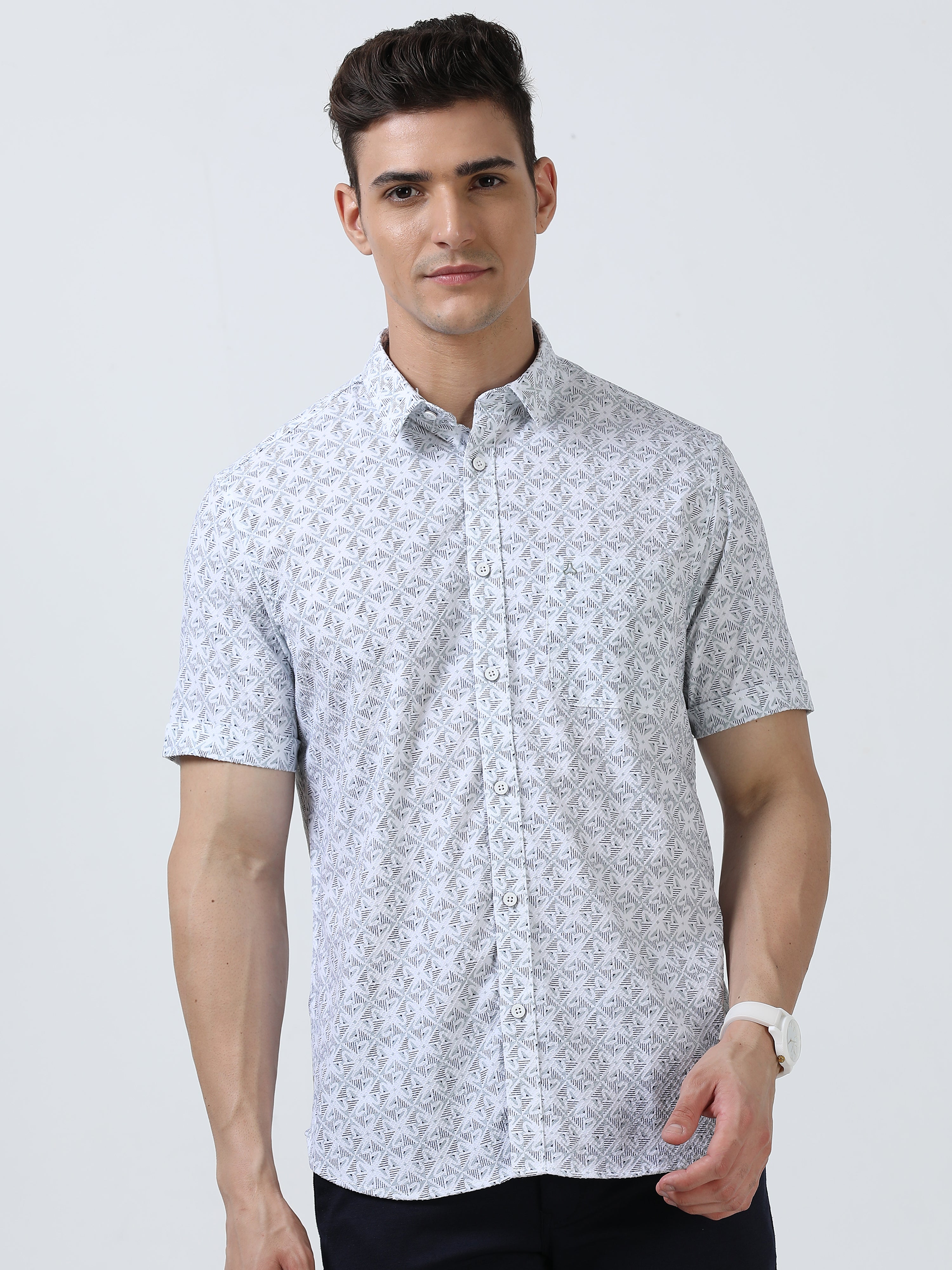 MEN'S WHITE PRINT SLIM FIT SHIRT