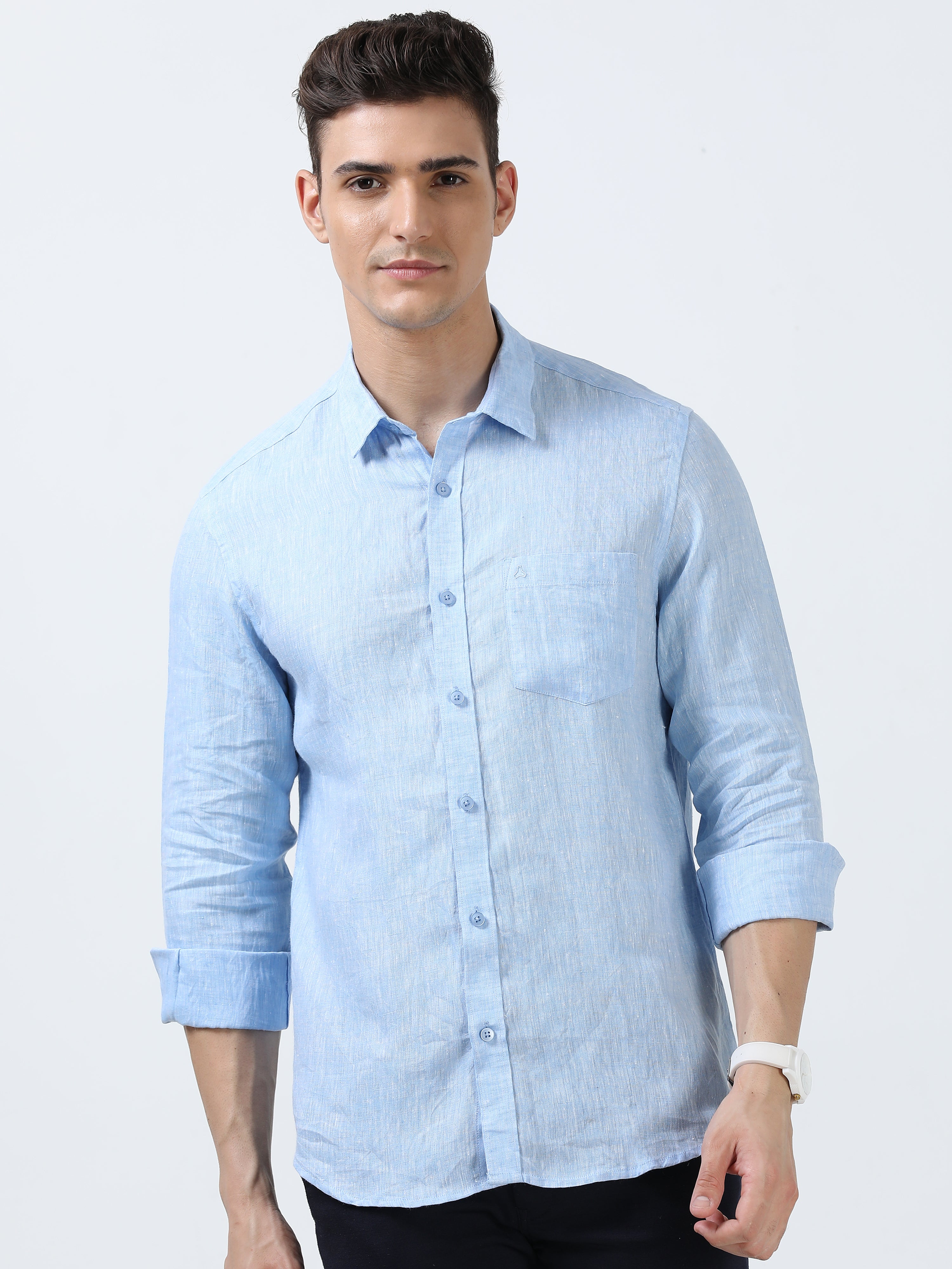 MEN'S LINEN SKY BLUE SOLID SLIM FIT SHIRT