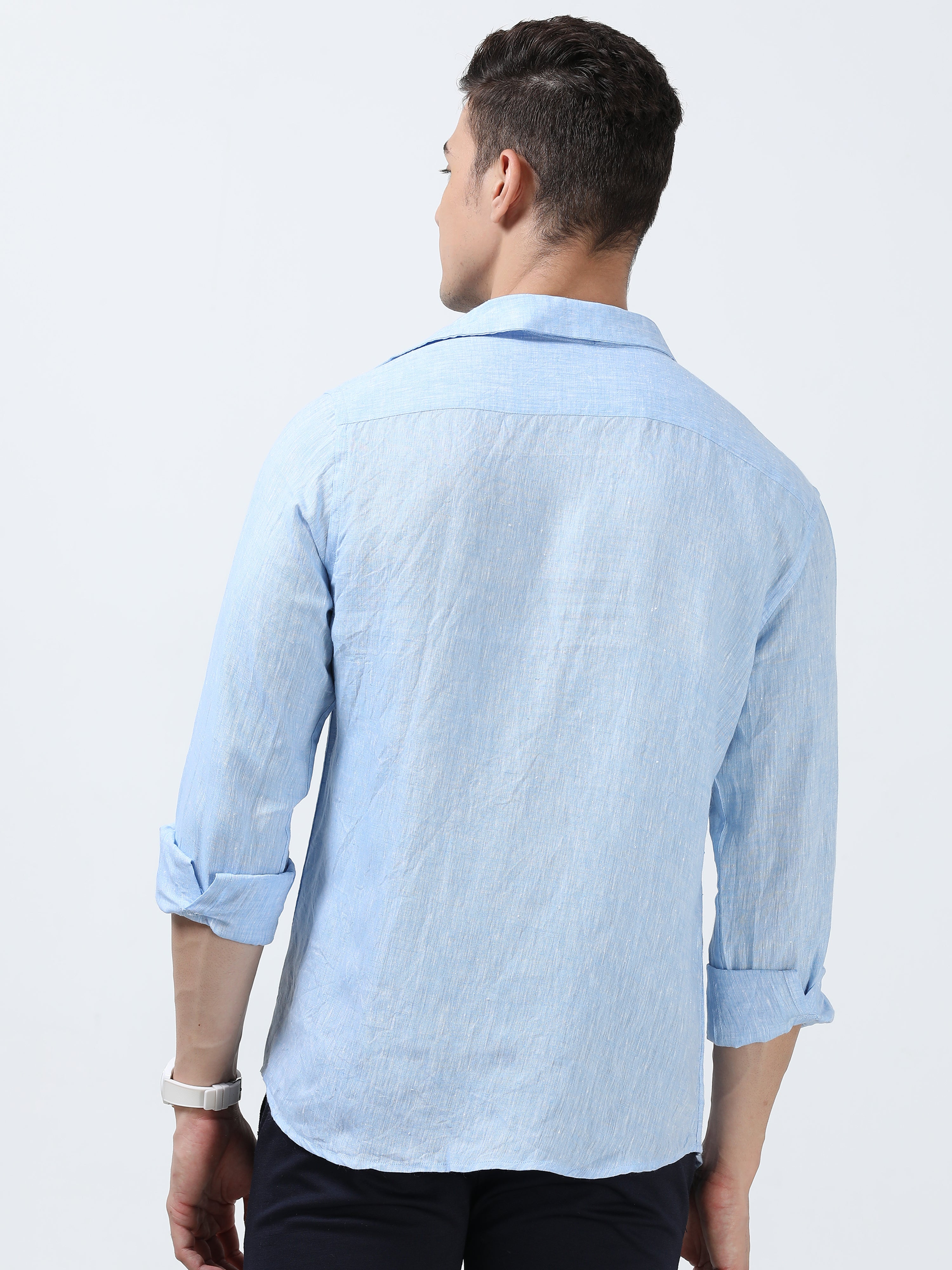 MEN'S LINEN SKY BLUE SOLID SLIM FIT SHIRT