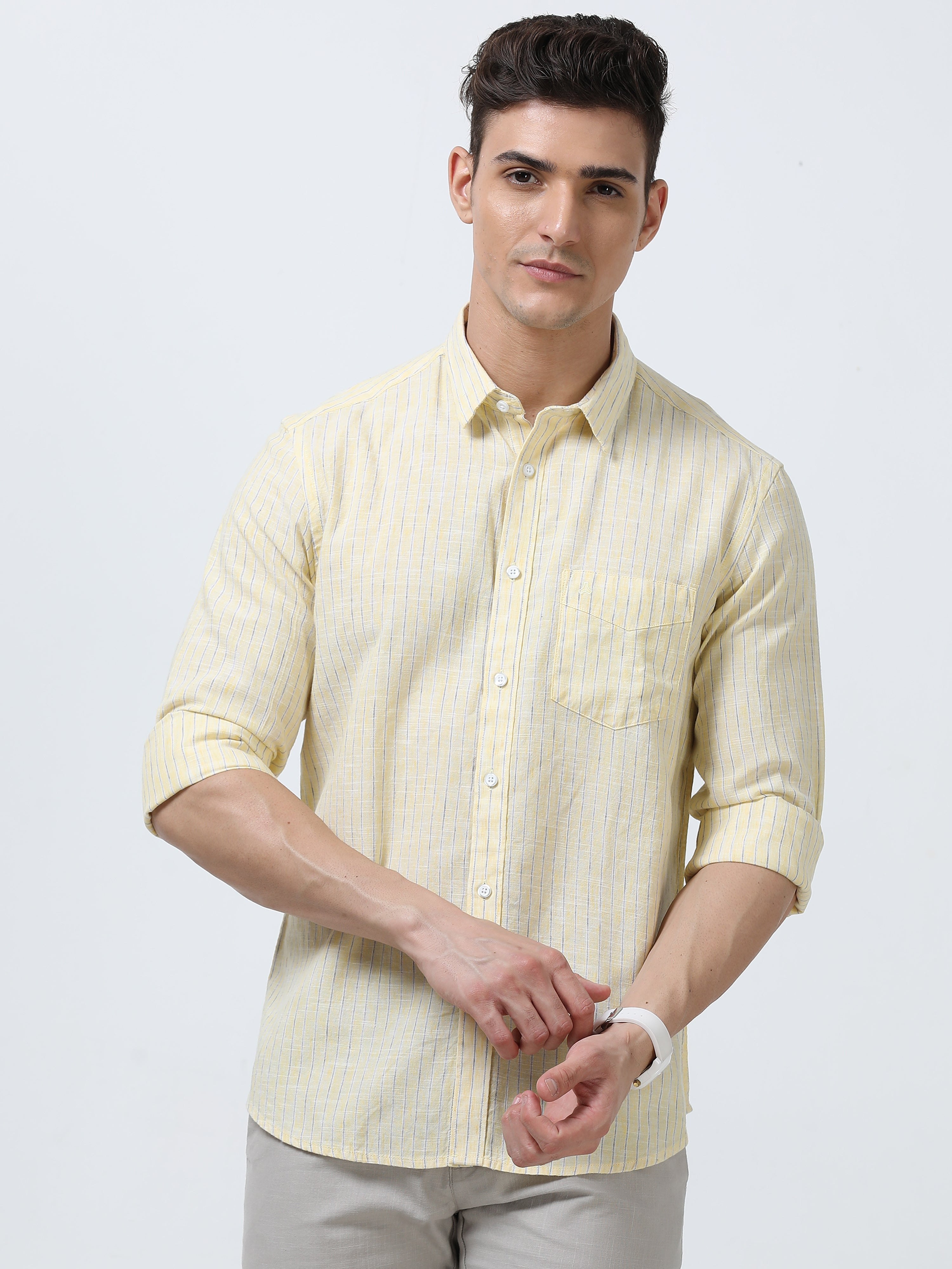 MEN'S LT.YELLOW STRIPES SLIM FIT SHIRT