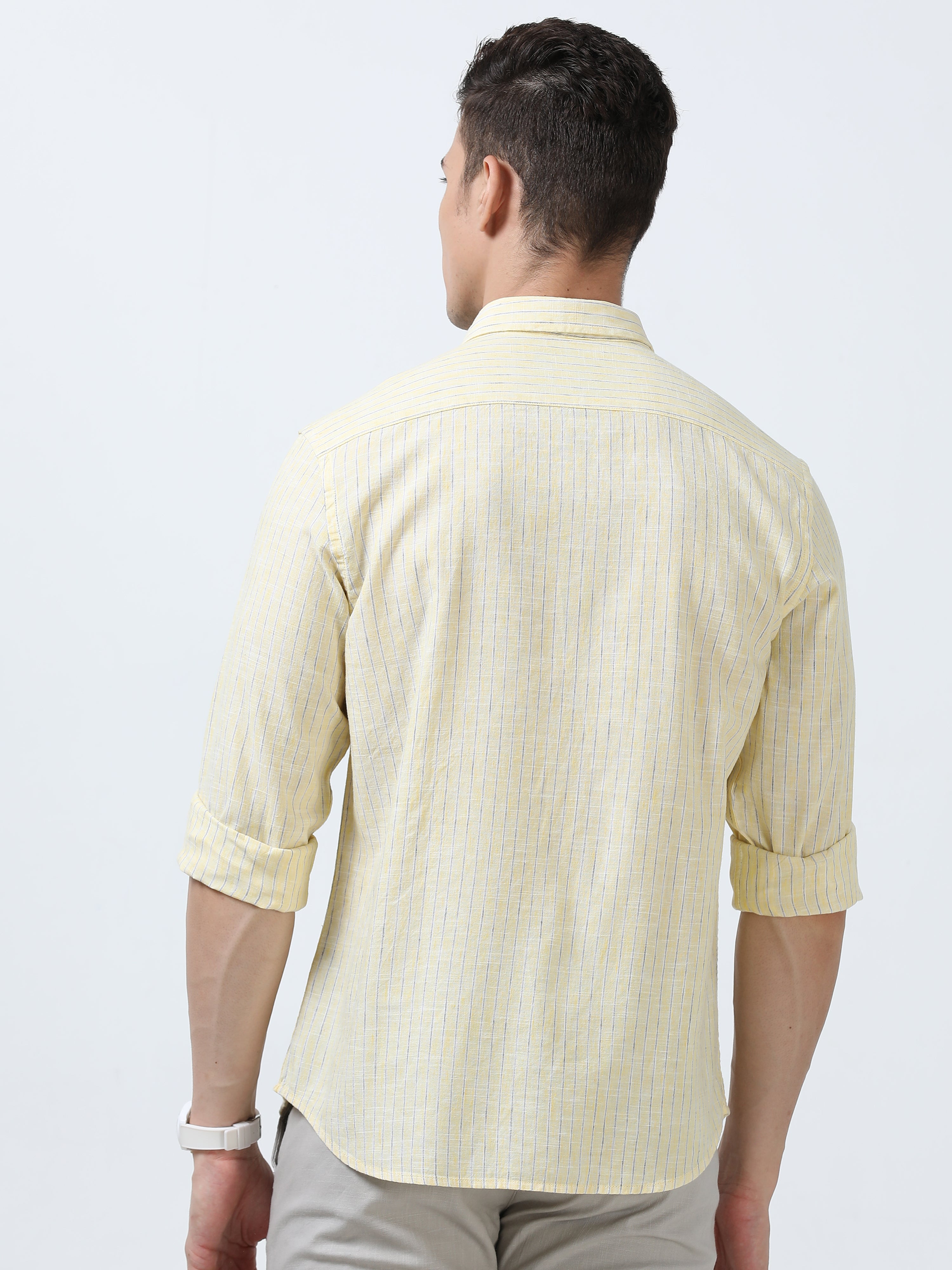 MEN'S LT.YELLOW STRIPES SLIM FIT SHIRT