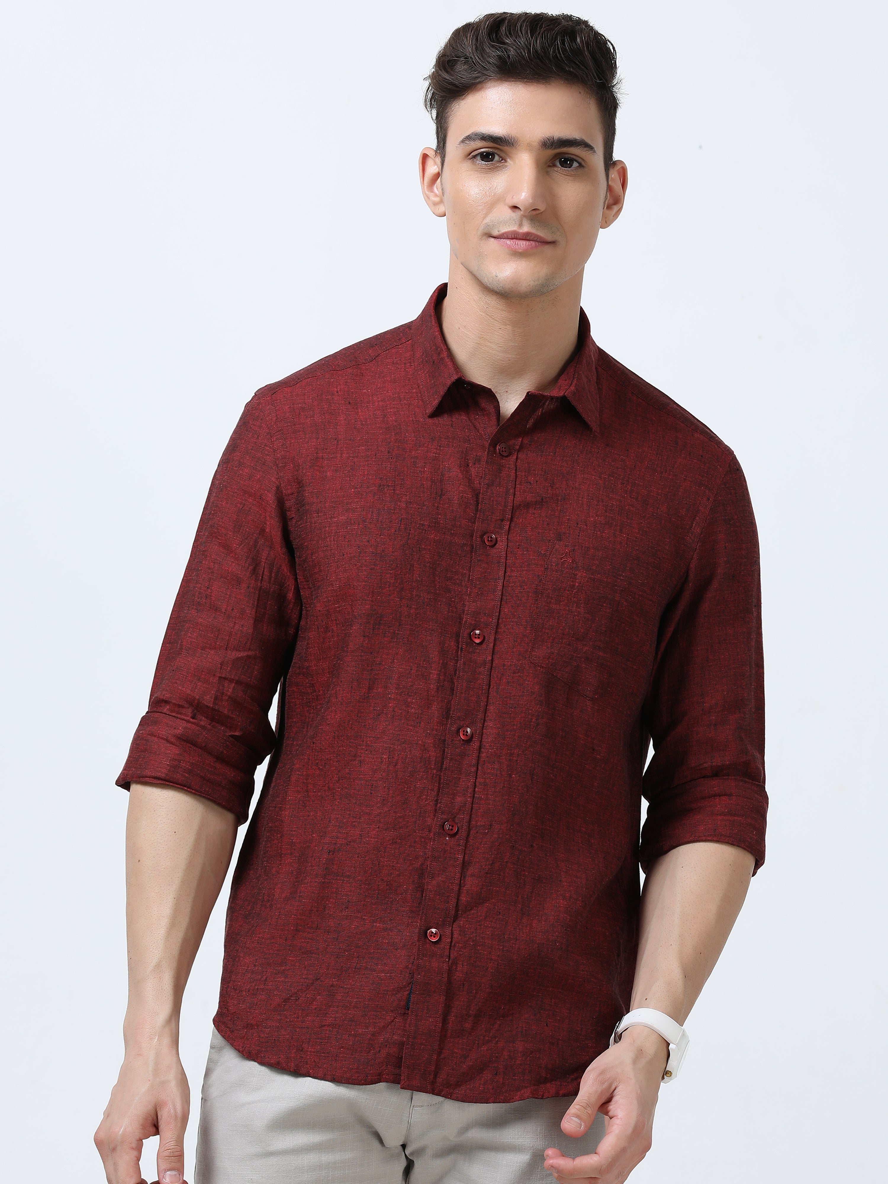 MEN'S LINEN MAROON  SOLID  SLIM FIT SHIRT