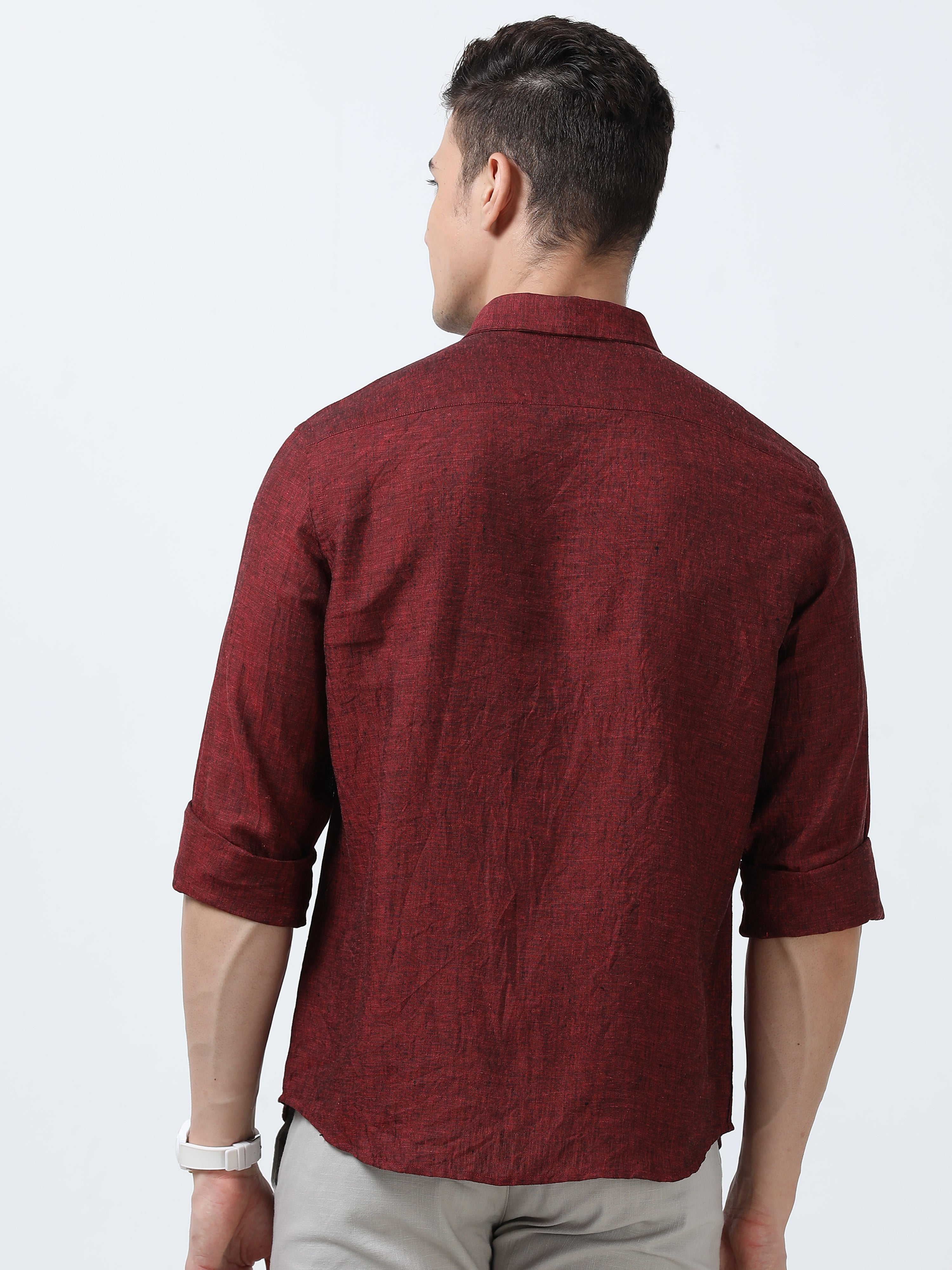 MEN'S LINEN MAROON  SOLID  SLIM FIT SHIRT