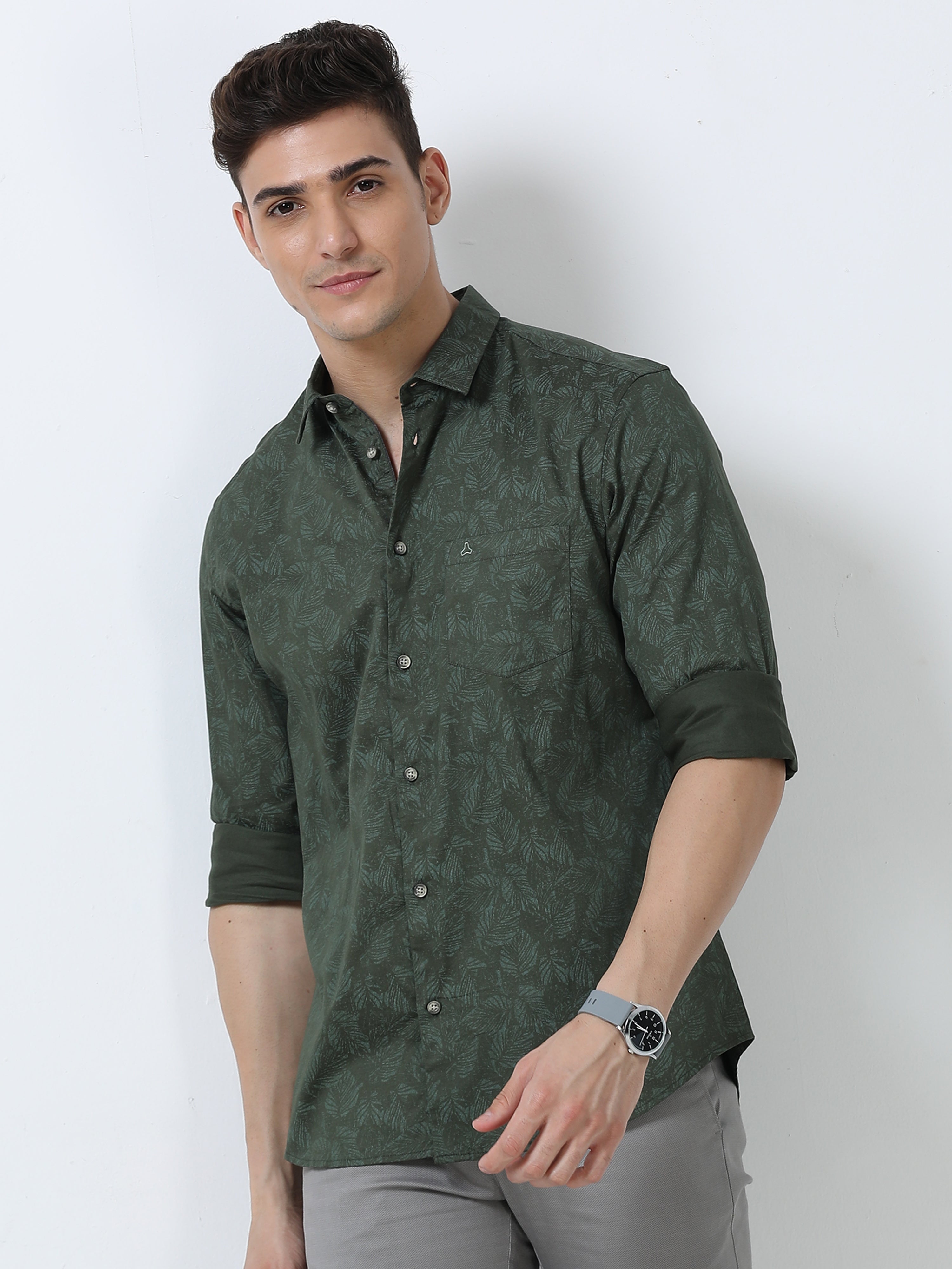 MEN'S GREEN PRINTED SLIM FIT SHIRT