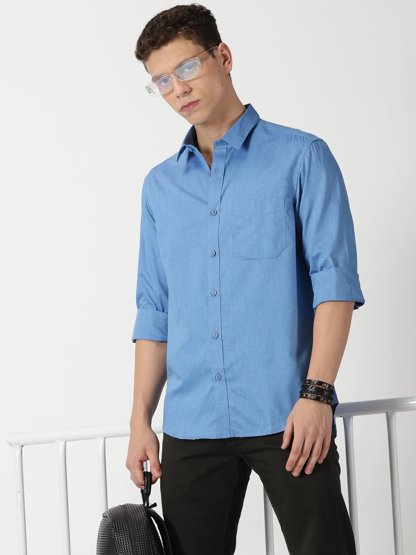 MEN'S  BLUE PLAIN SLIM FIT SHIRT