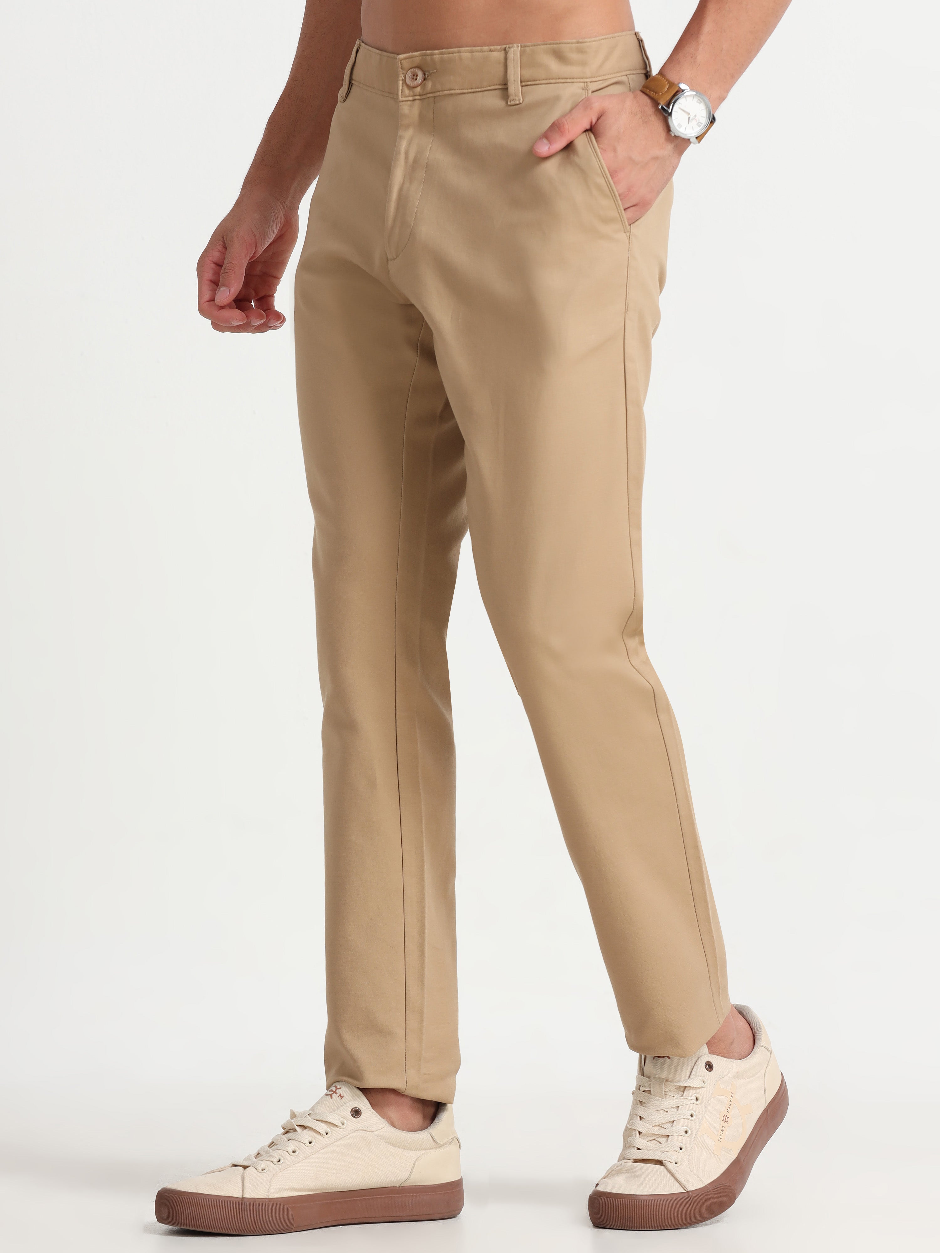 MEN'S KHAKI SOLID SLIM FIT TROUSER