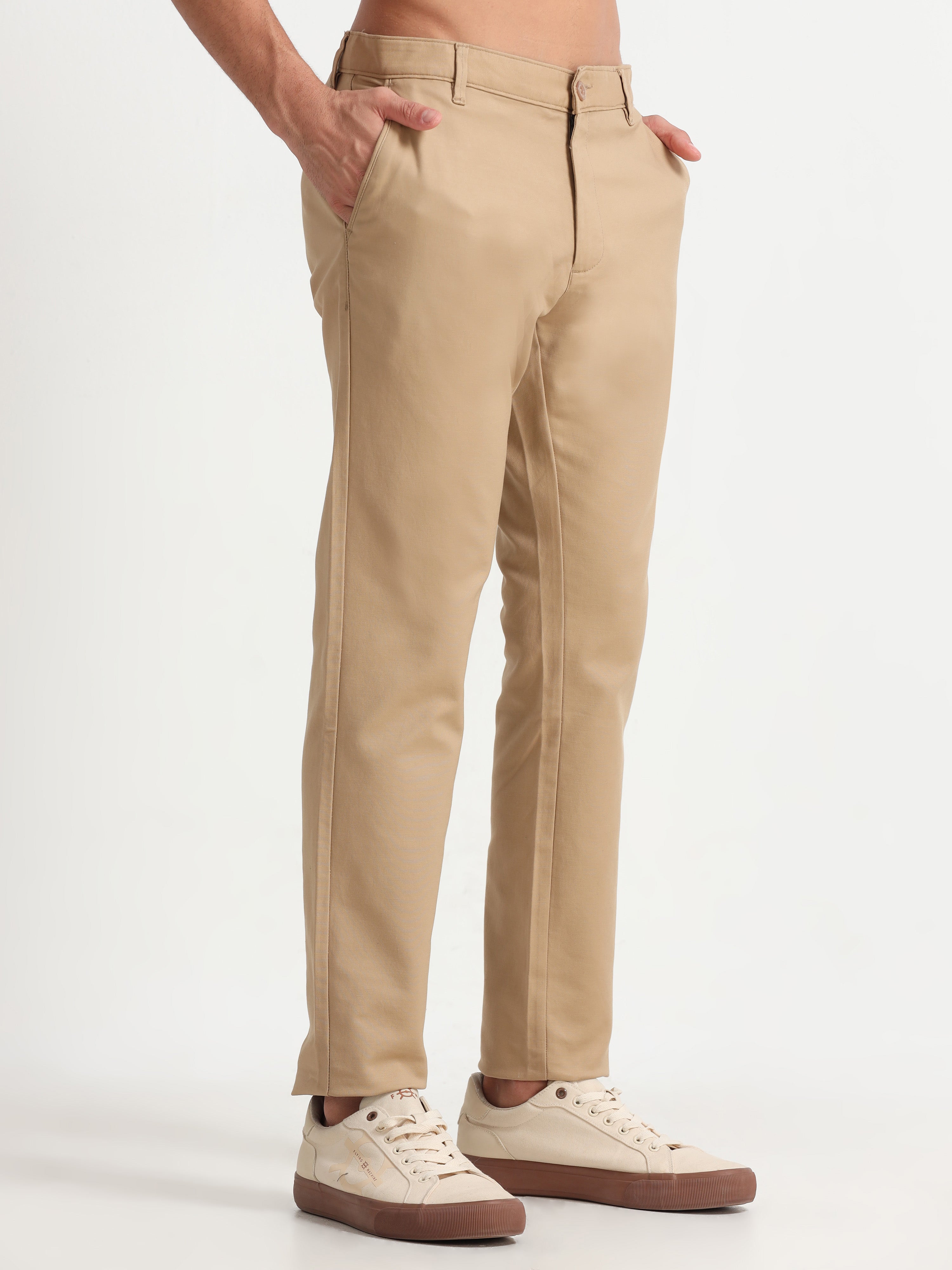 MEN'S KHAKI SOLID SLIM FIT TROUSER