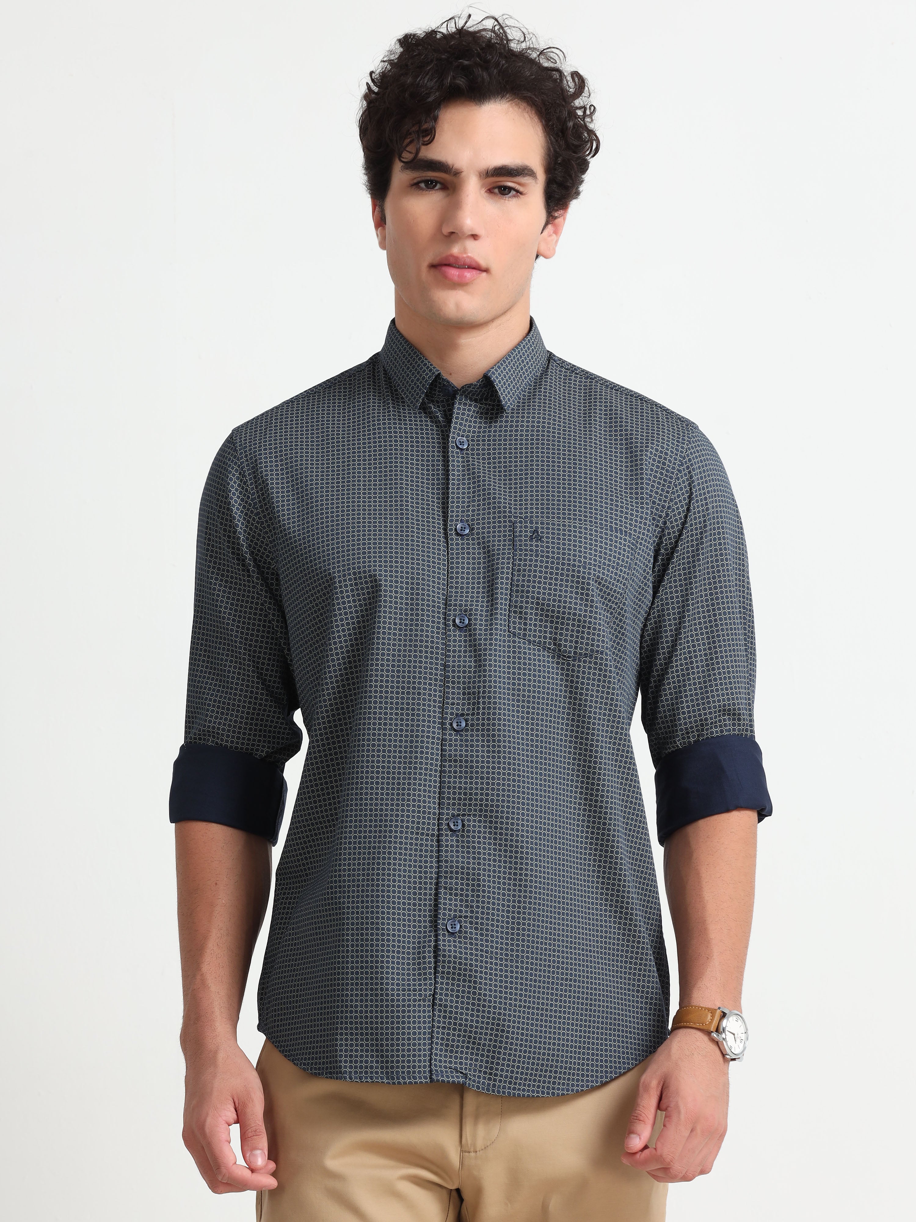 MEN'S GREEN PRINT SLIM FIT SHIRT