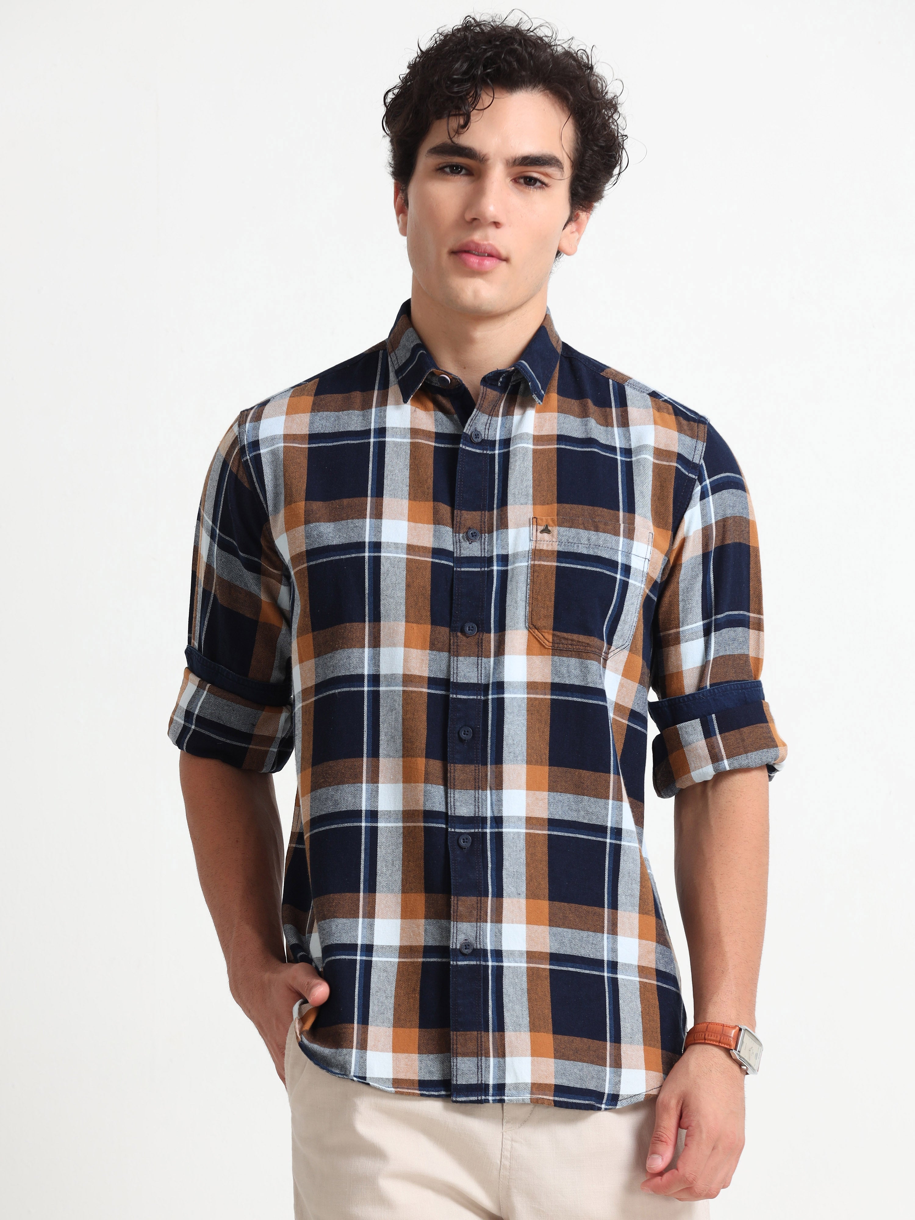 MEN'S DK.KHAKI CHECKED  SLIM FIT SHIRT